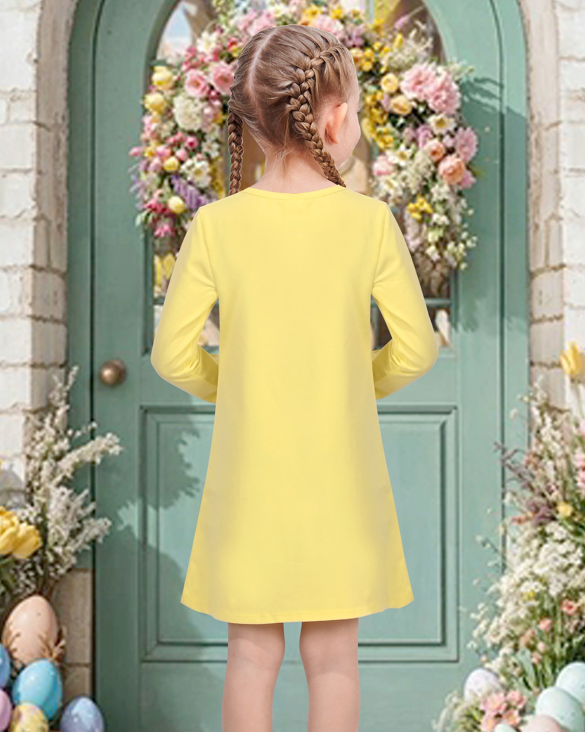 Girls Dress Easter Bunny Rainbow Cotton Embroidery Casual Long Sleeve Yellow