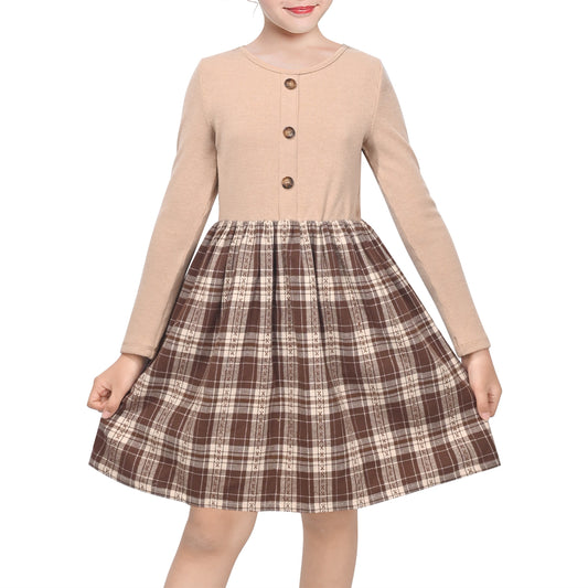 Girls Dress Tan Cream Plaid Long Sleeve Ribbed Knit Preppy School Daily Casual Comfortable Brown