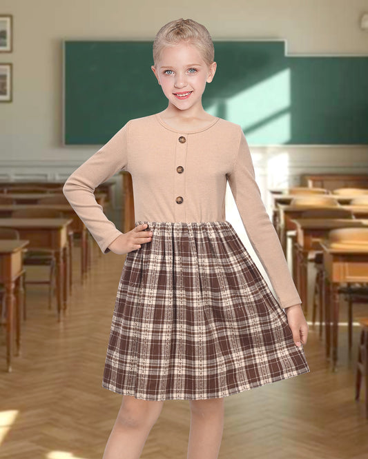 Girls Dress Tan Cream Plaid Long Sleeve Ribbed Knit Preppy School Daily Casual Comfortable Brown