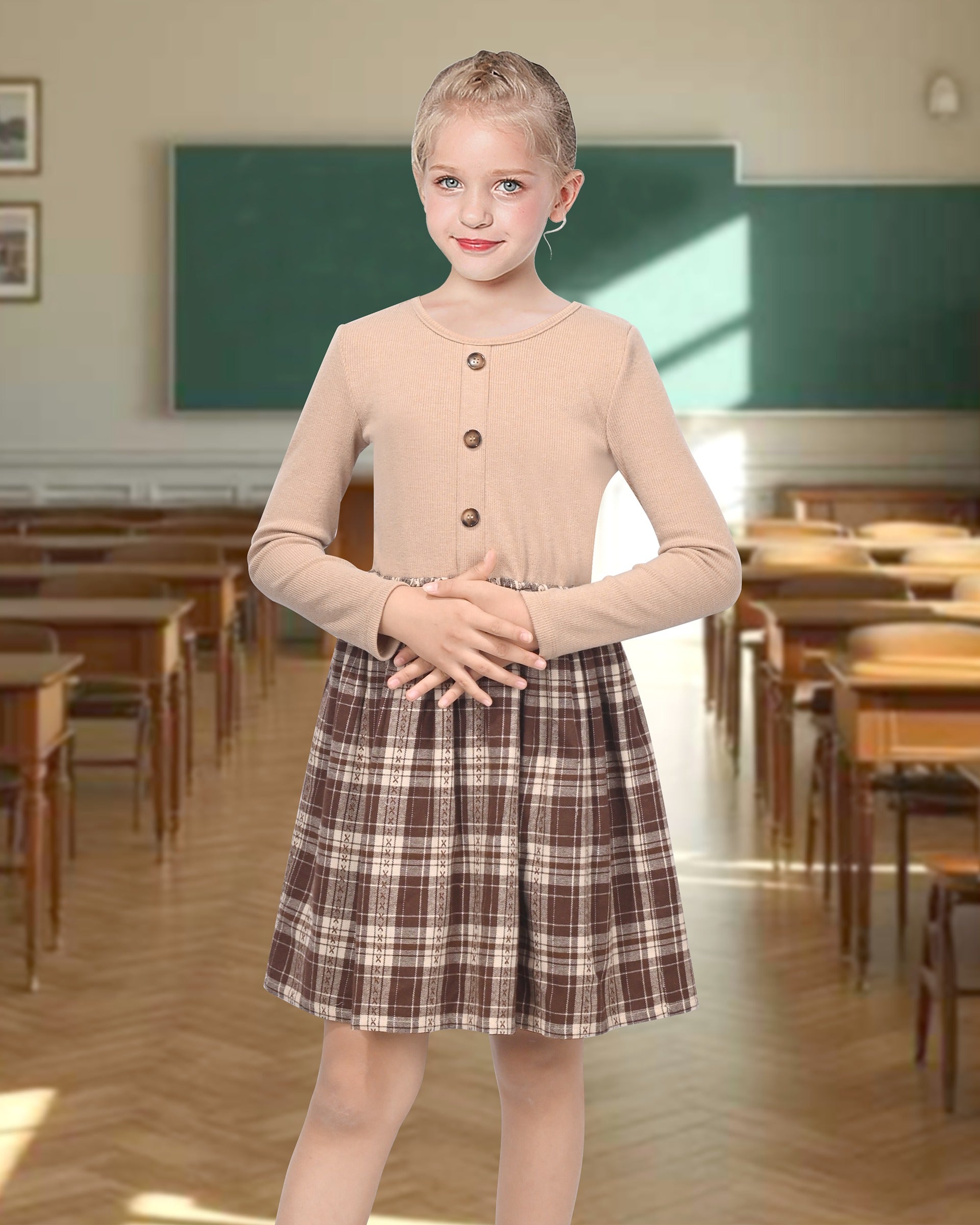 Girls Dress Tan Cream Plaid Long Sleeve Ribbed Knit Preppy School Daily Casual Comfortable Brown