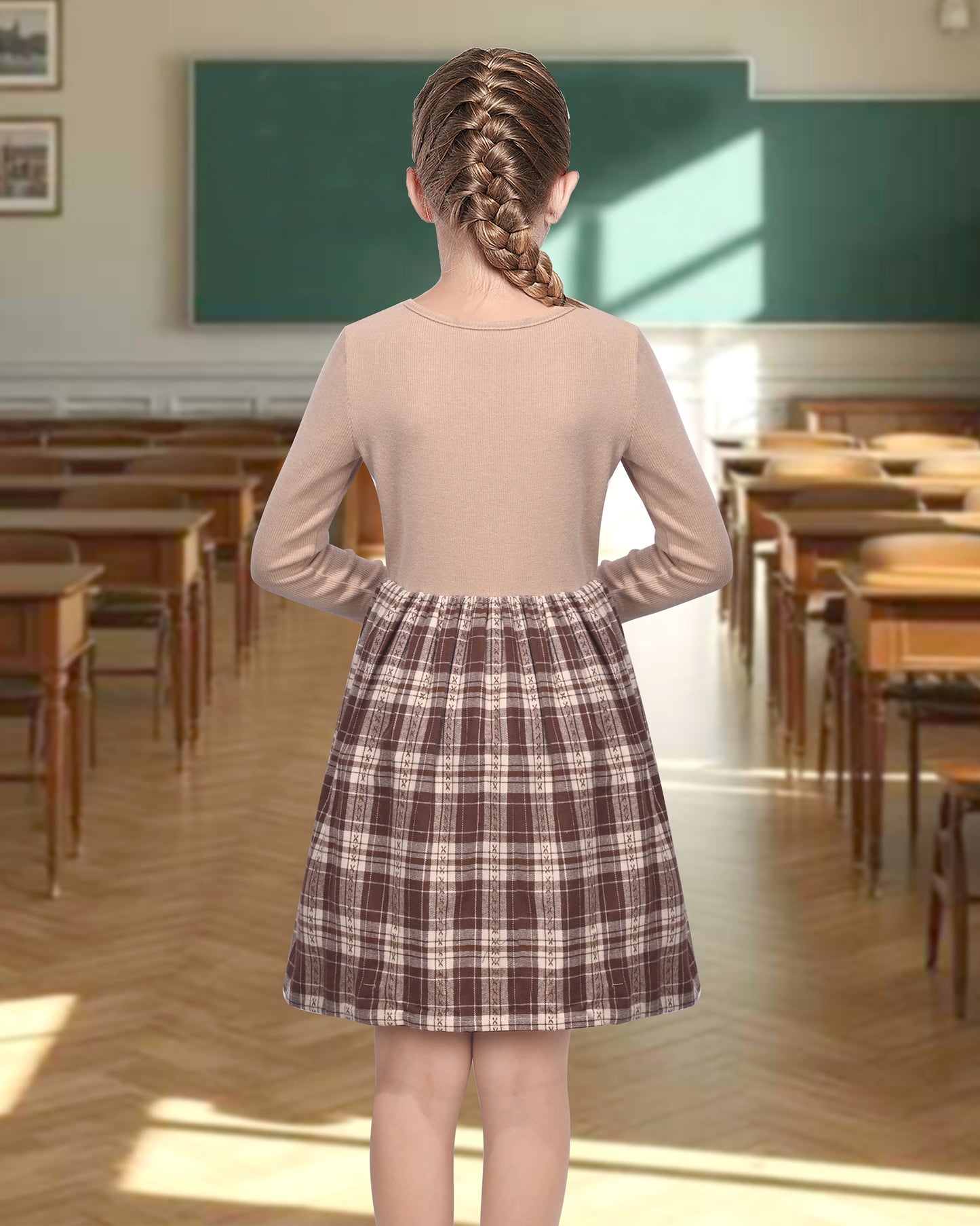 Girls Dress Tan Cream Plaid Long Sleeve Ribbed Knit Preppy School Daily Casual Comfortable Brown