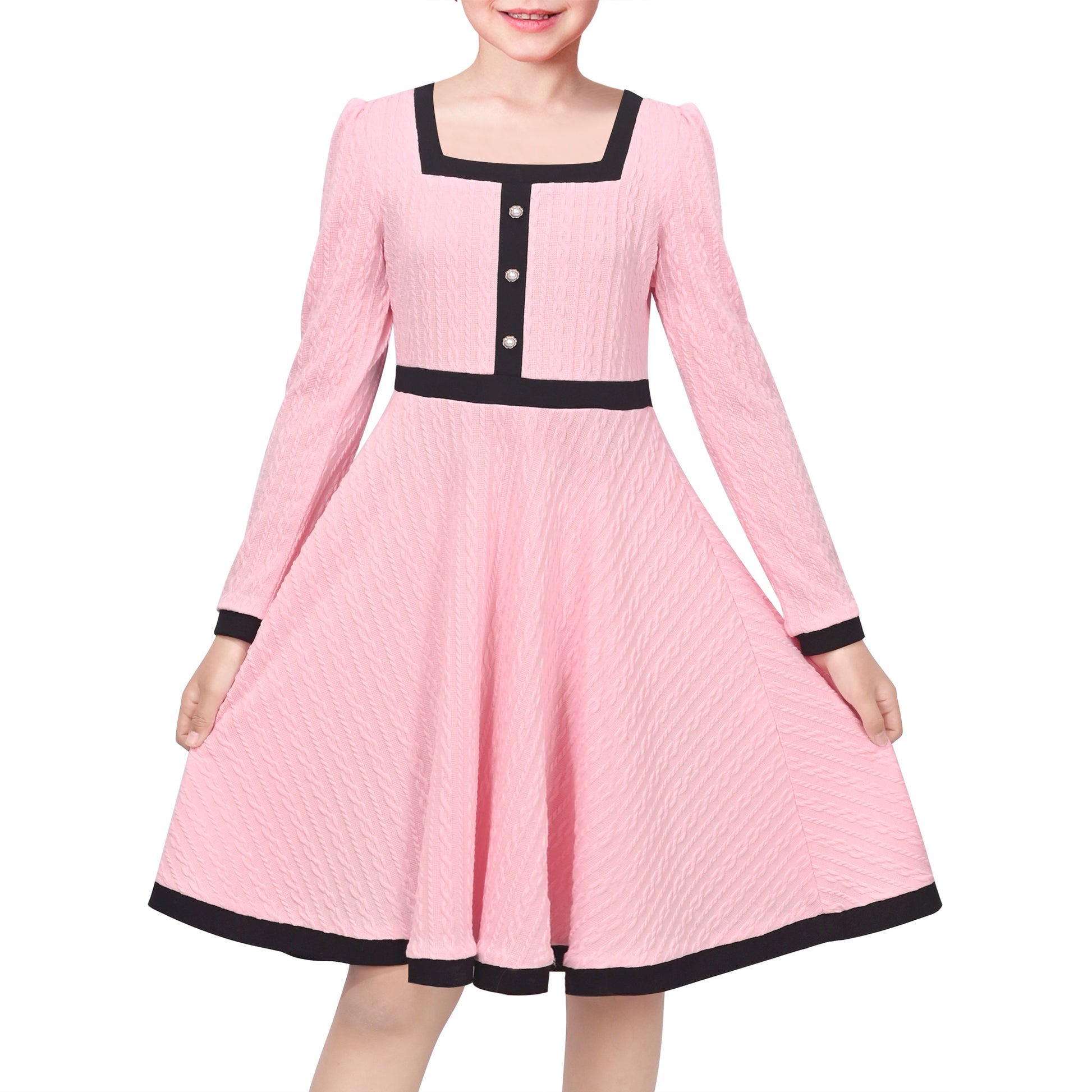 Girls Dress Rose Pink Cable Knit Striped Casual Long Sleeve Cotton Pink