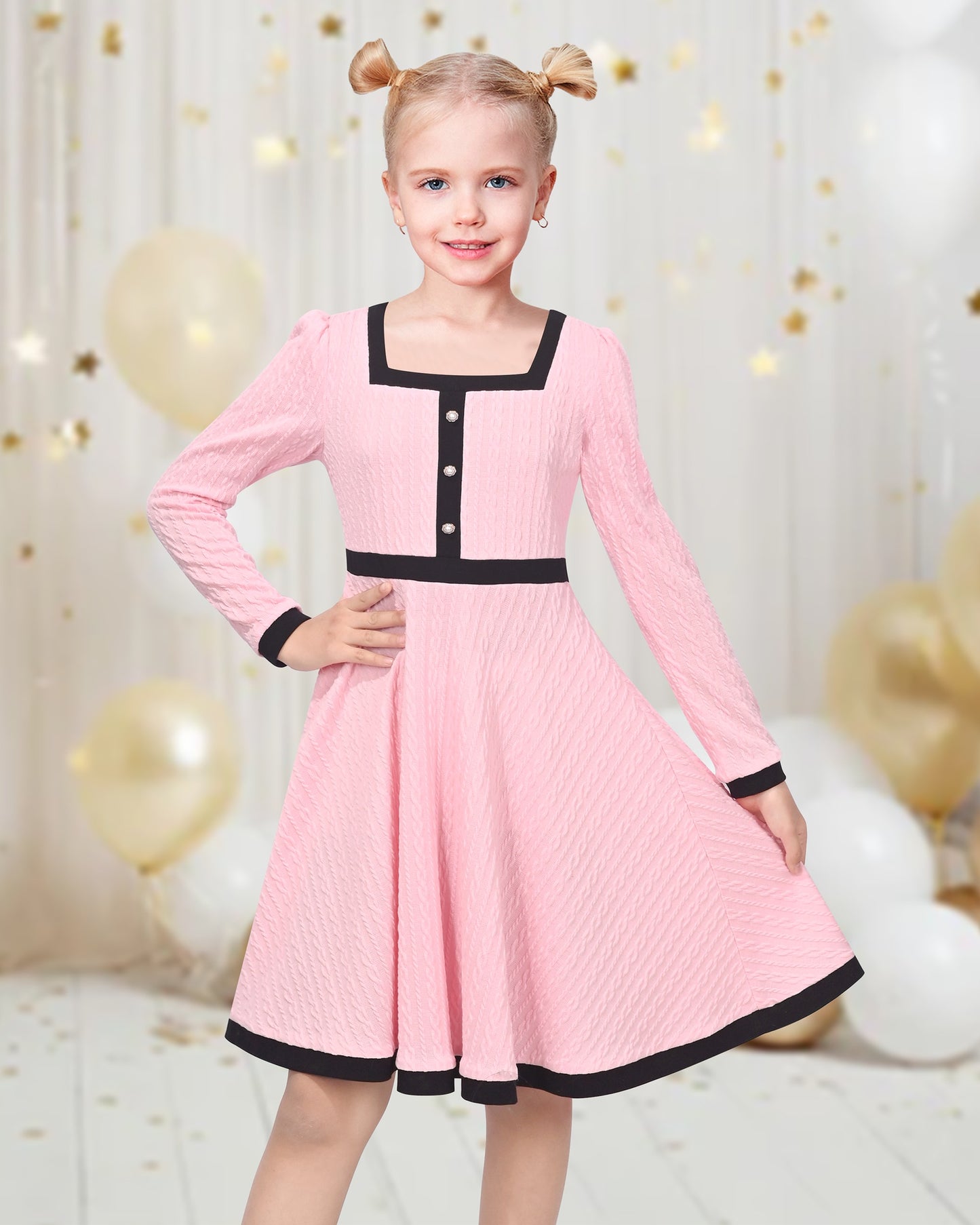 Girls Dress Rose Pink Cable Knit Striped Casual Long Sleeve Cotton Pink