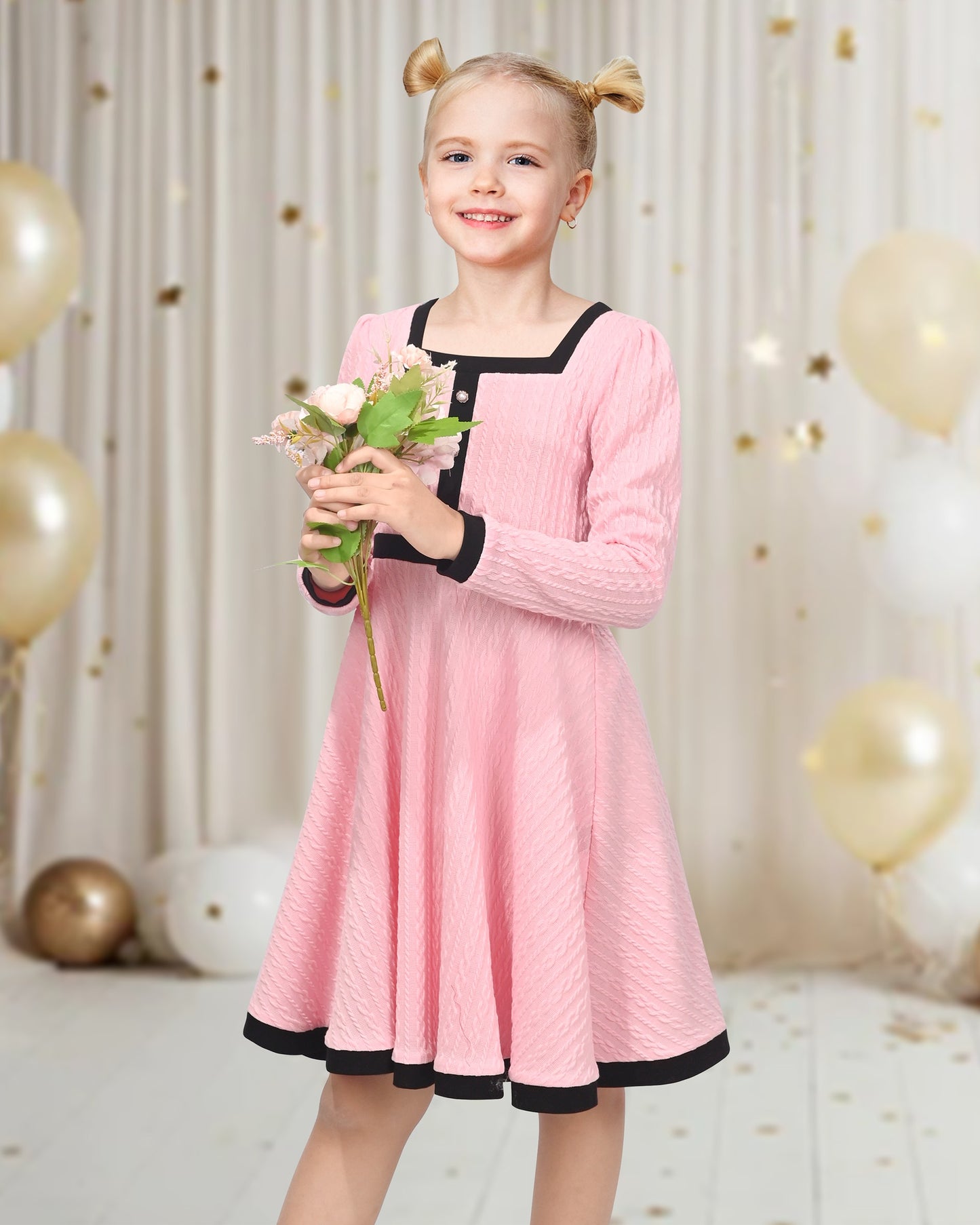 Girls Dress Rose Pink Cable Knit Striped Casual Long Sleeve Cotton Pink