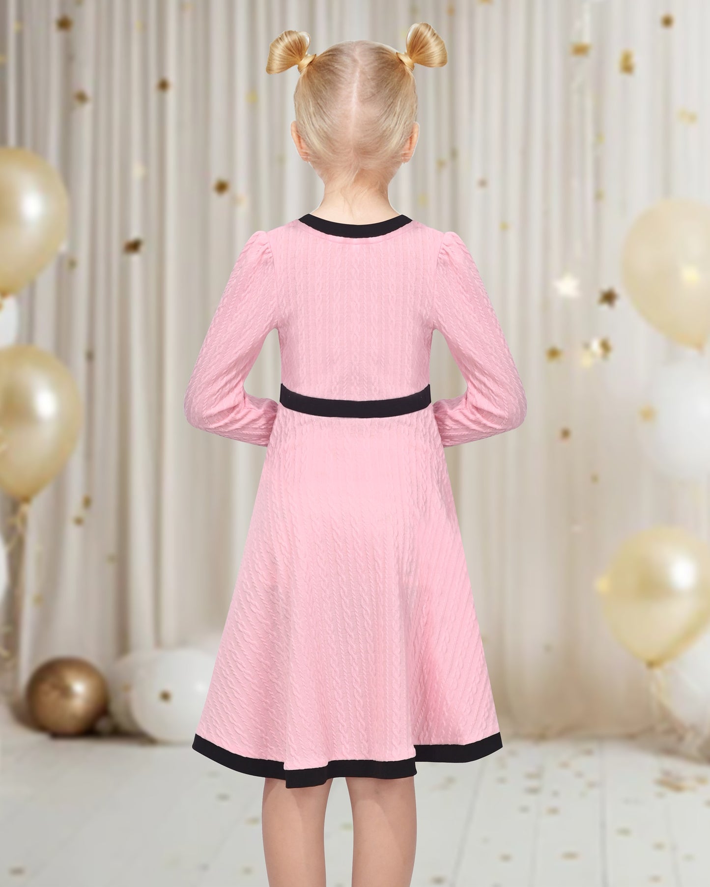 Girls Dress Rose Pink Cable Knit Striped Casual Long Sleeve Cotton Pink