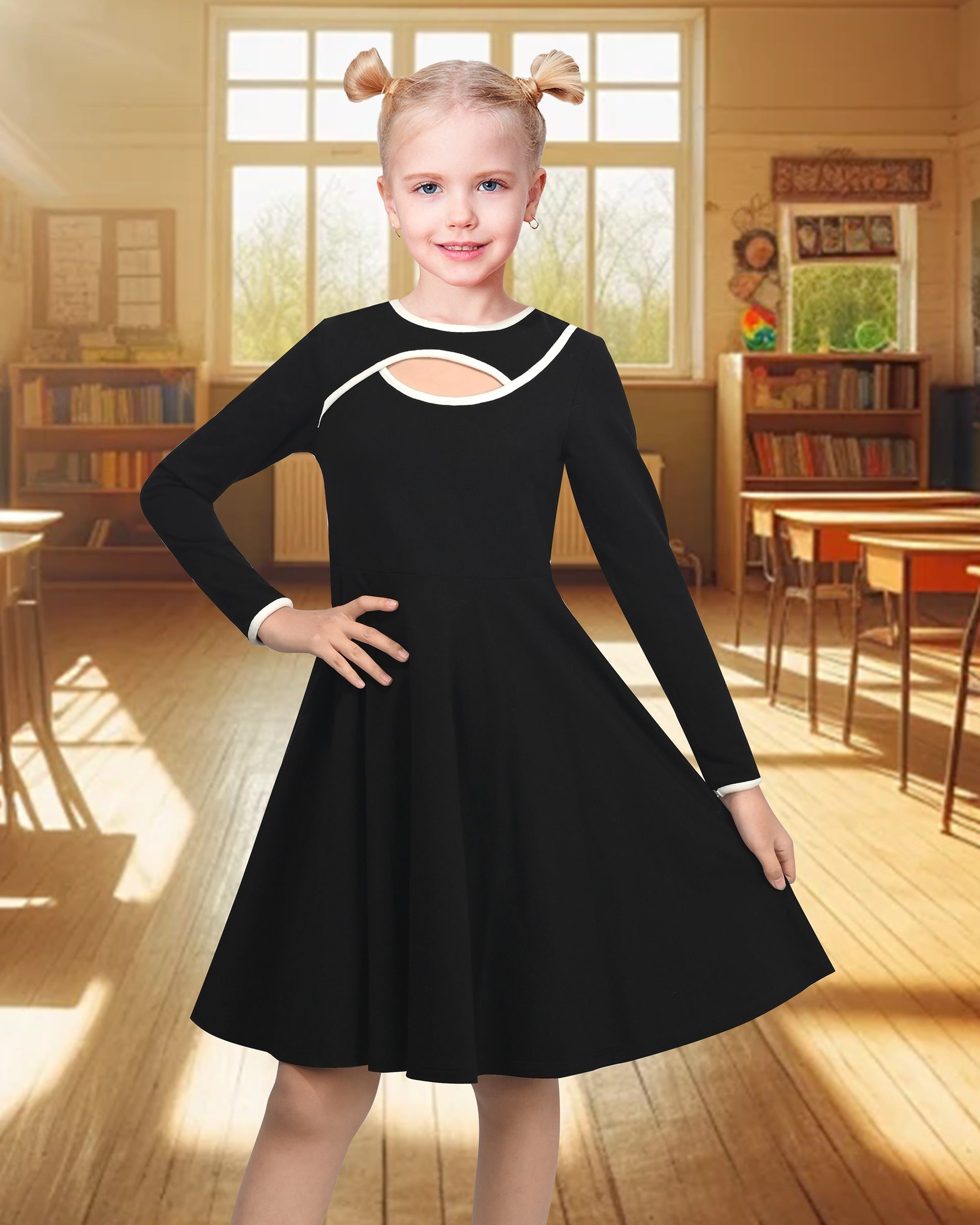 Girls Dress Rose Pink Cable Knit Striped Casual Long Sleeve Cotton Black