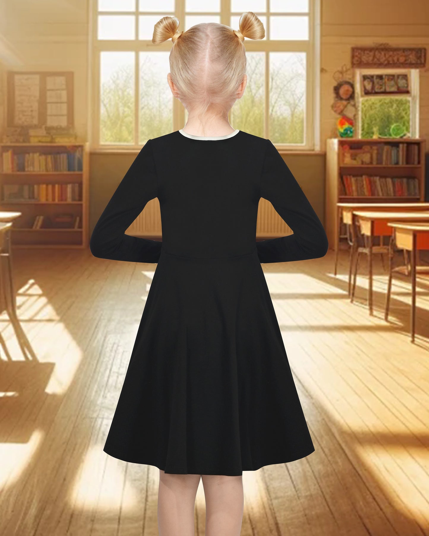 Girls Dress Rose Pink Cable Knit Striped Casual Long Sleeve Cotton Black