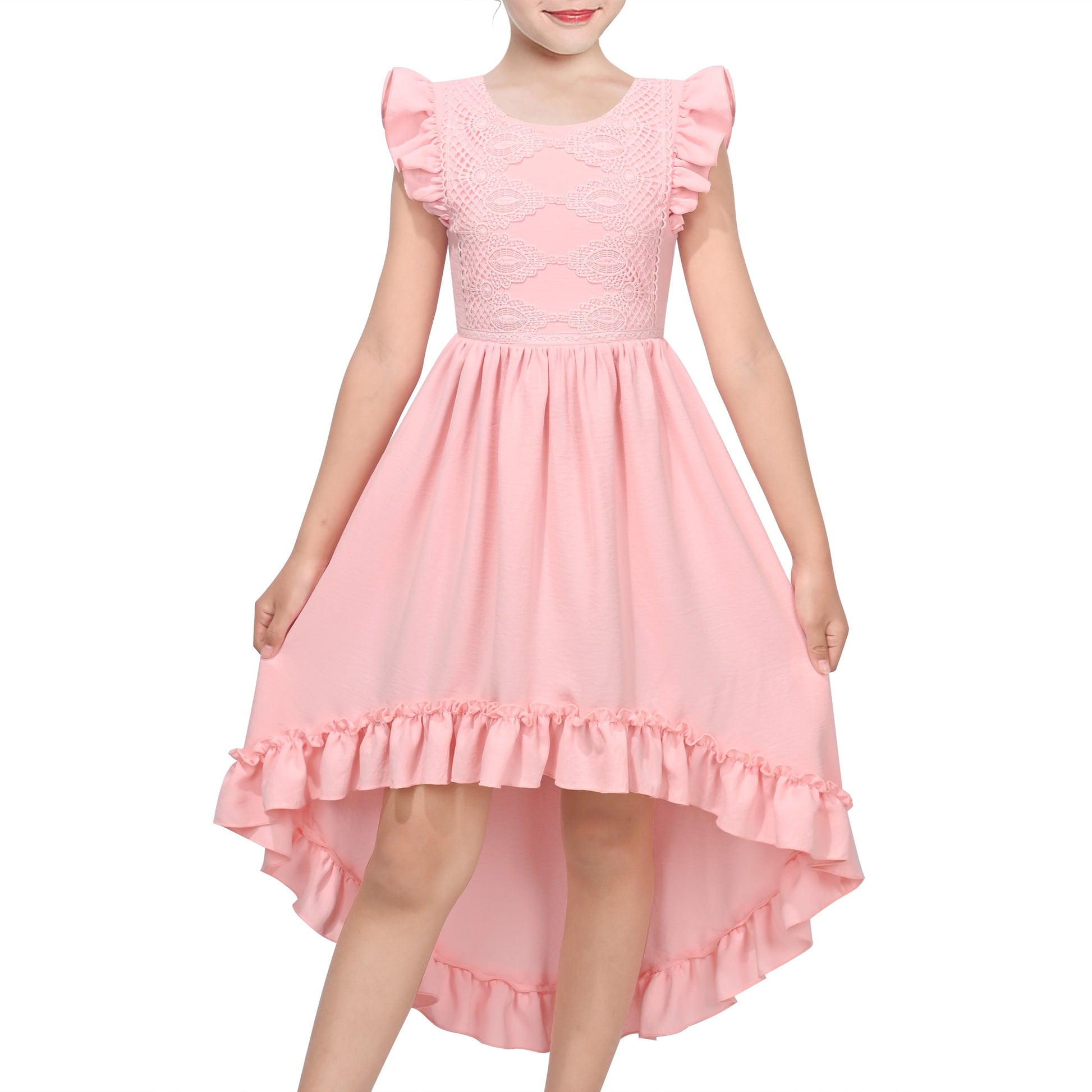 Flower Girls Dress Blue Hi-lo Lace V Back Fancy Wedding Pink