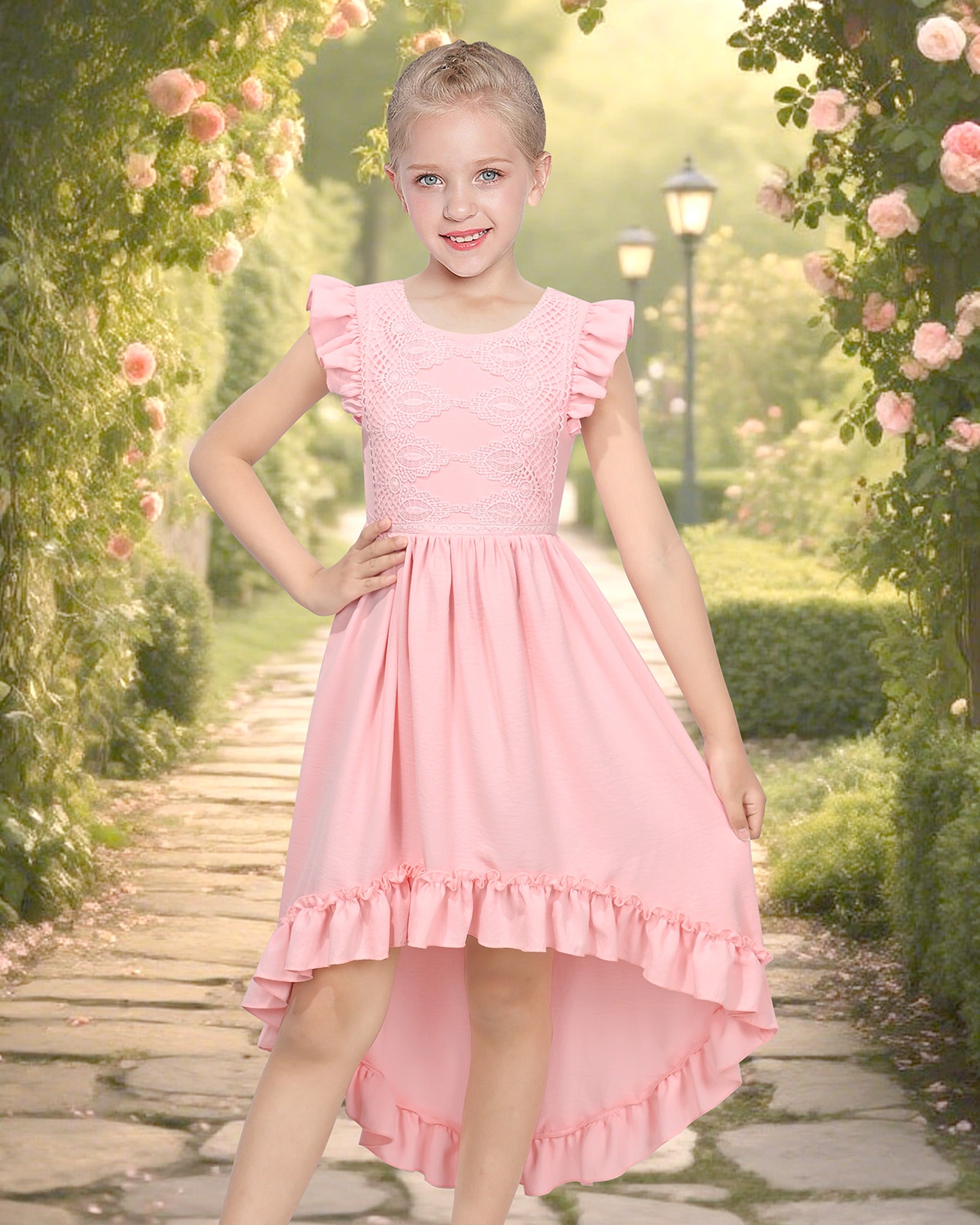 Flower Girls Dress Blue Hi-lo Lace V Back Fancy Wedding Pink