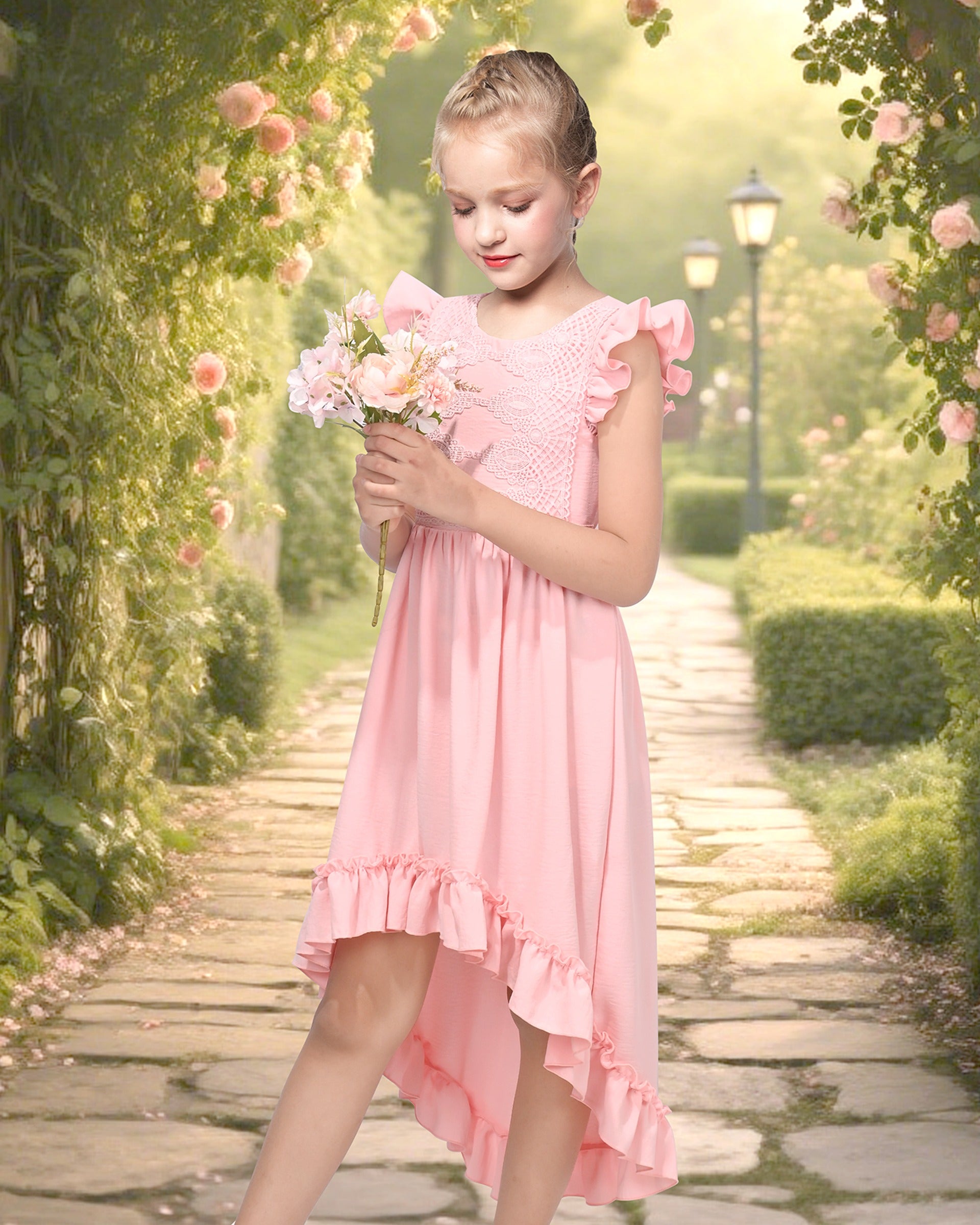Flower Girls Dress Blue Hi-lo Lace V Back Fancy Wedding Pink