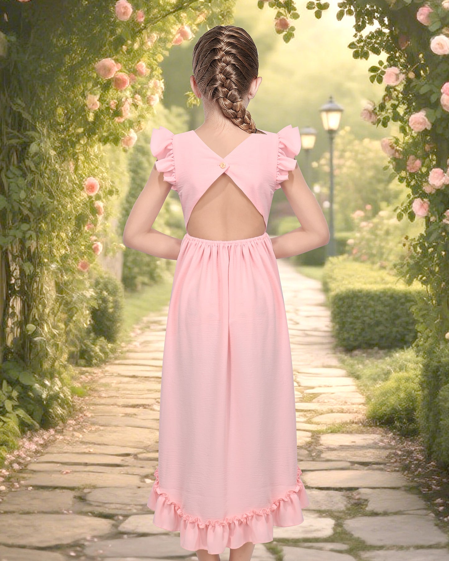 Flower Girls Dress Blue Hi-lo Lace V Back Fancy Wedding Pink
