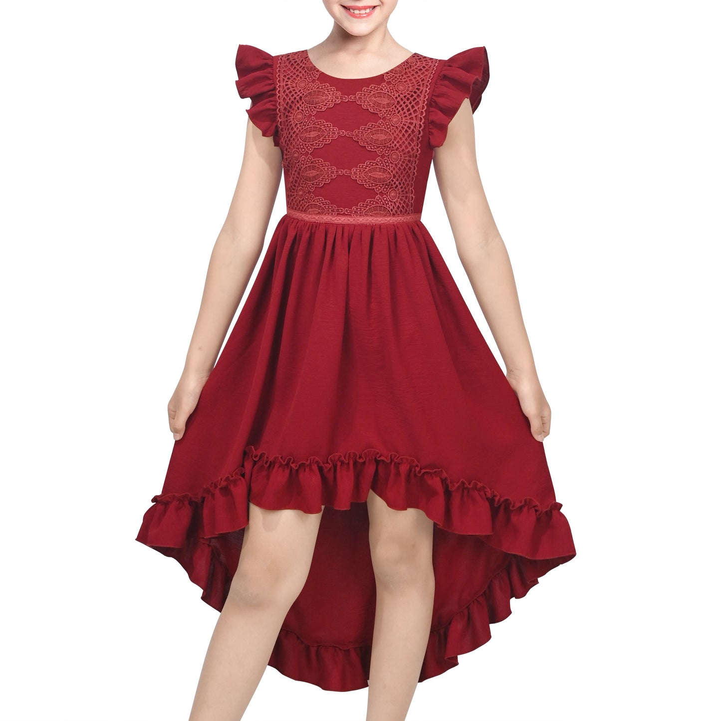 Flower Girls Dress Blue Hi-lo Lace V Back Fancy Wedding Red