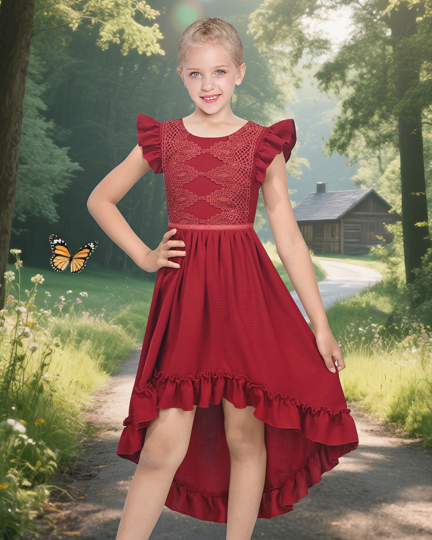 Flower Girls Dress Blue Hi-lo Lace V Back Fancy Wedding Red