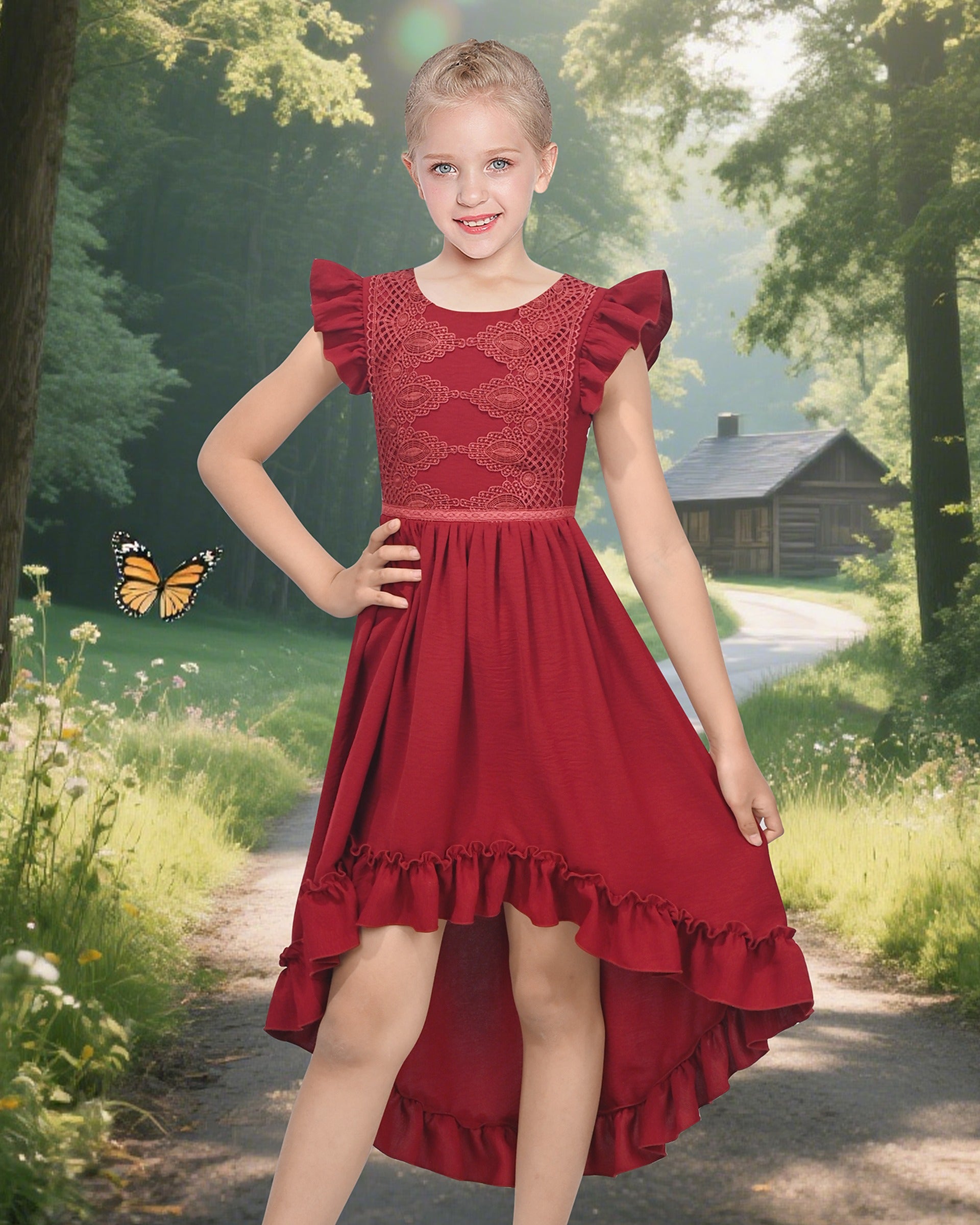 Flower Girls Dress Blue Hi-lo Lace V Back Fancy Wedding Red