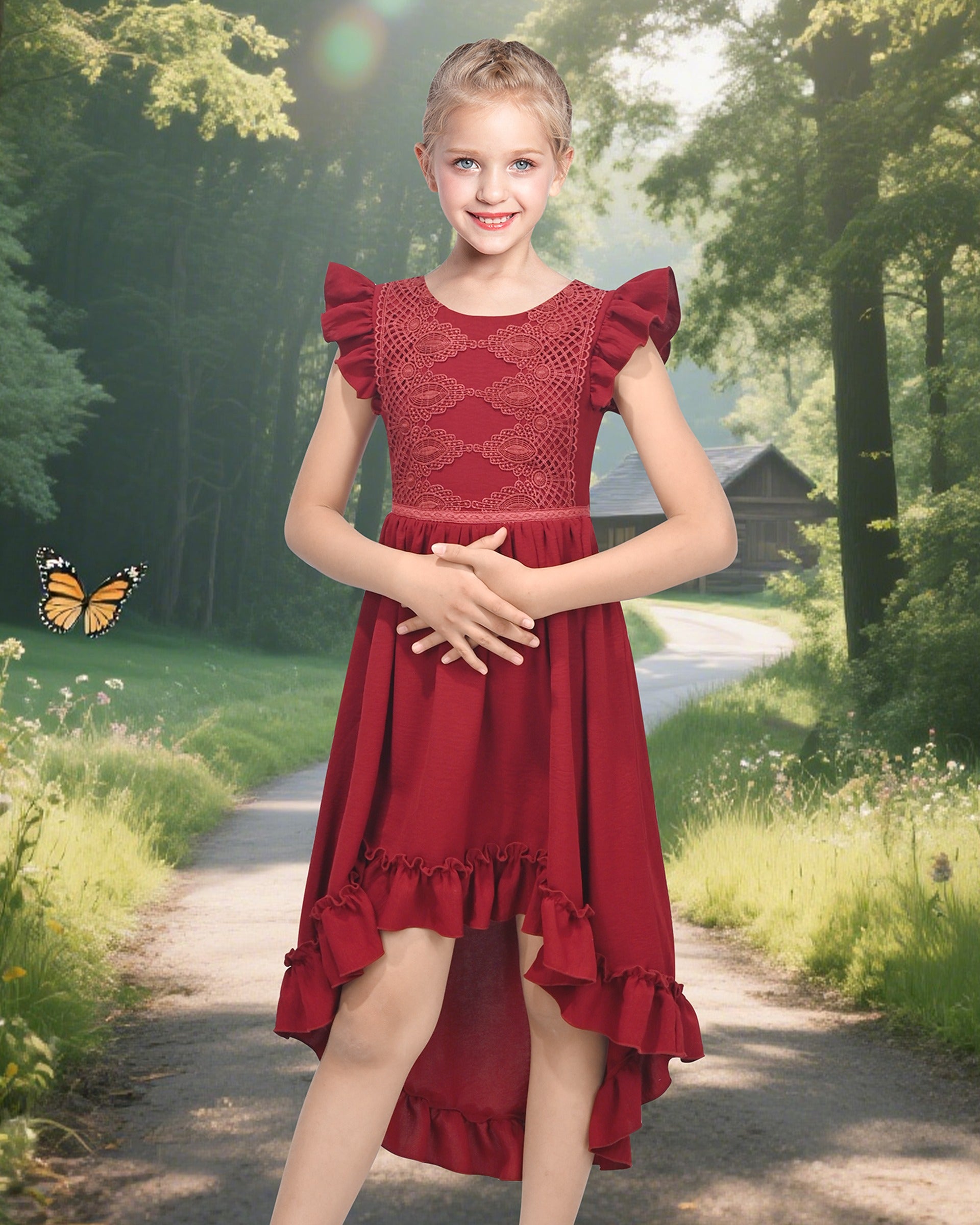 Flower Girls Dress Blue Hi-lo Lace V Back Fancy Wedding Red