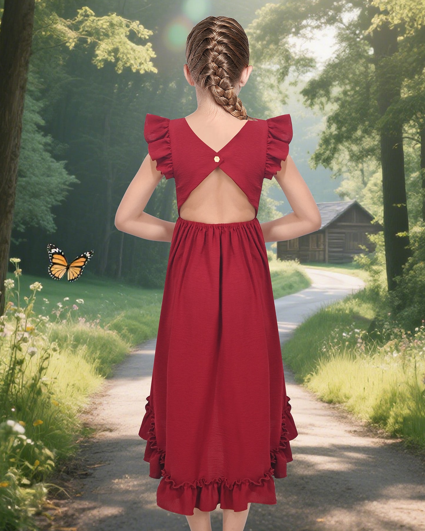 Flower Girls Dress Blue Hi-lo Lace V Back Fancy Wedding Red