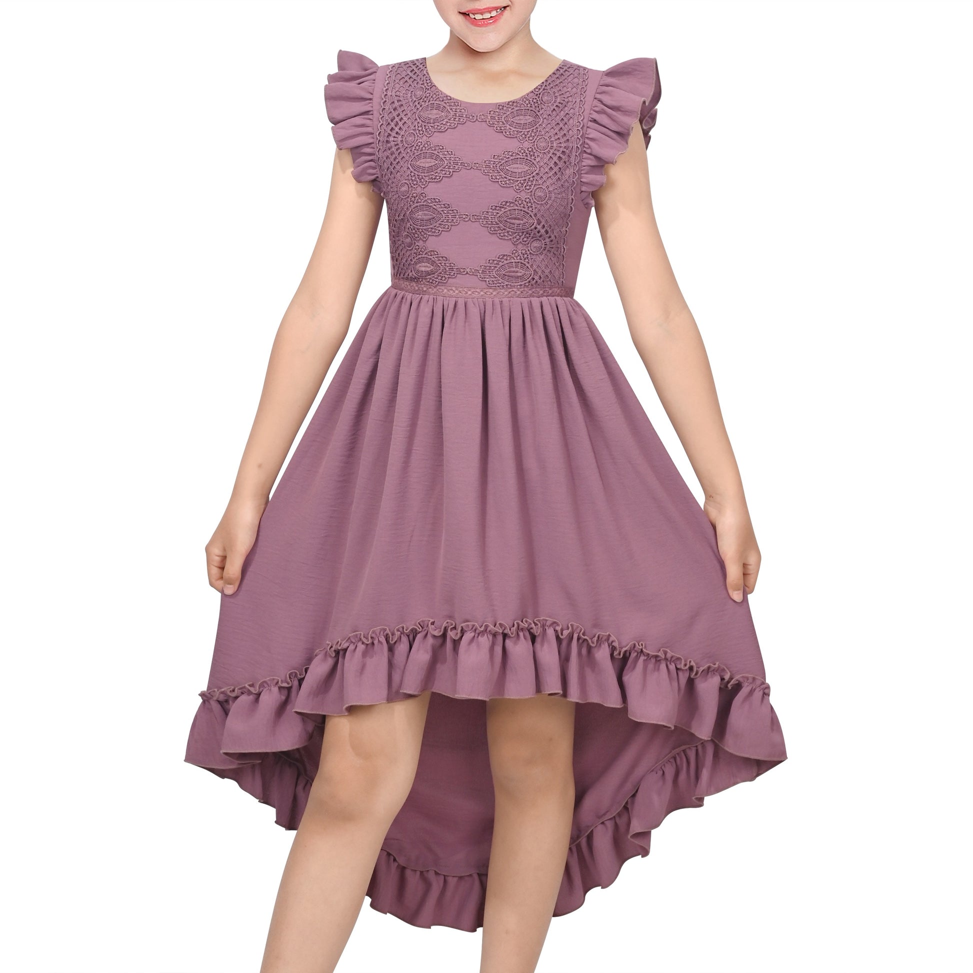 Flower Girls Dress Blue Hi-lo Lace V Back Fancy Wedding Purple