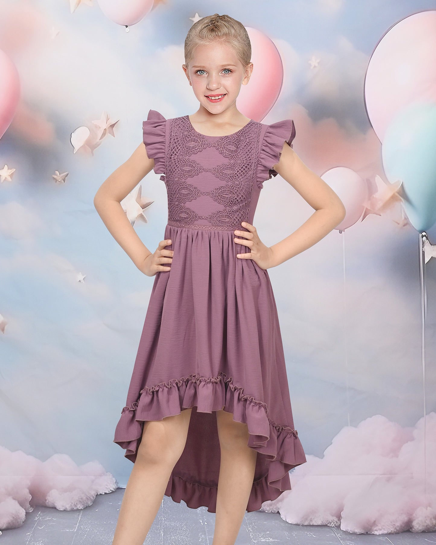 Flower Girls Dress Blue Hi-lo Lace V Back Fancy Wedding Purple