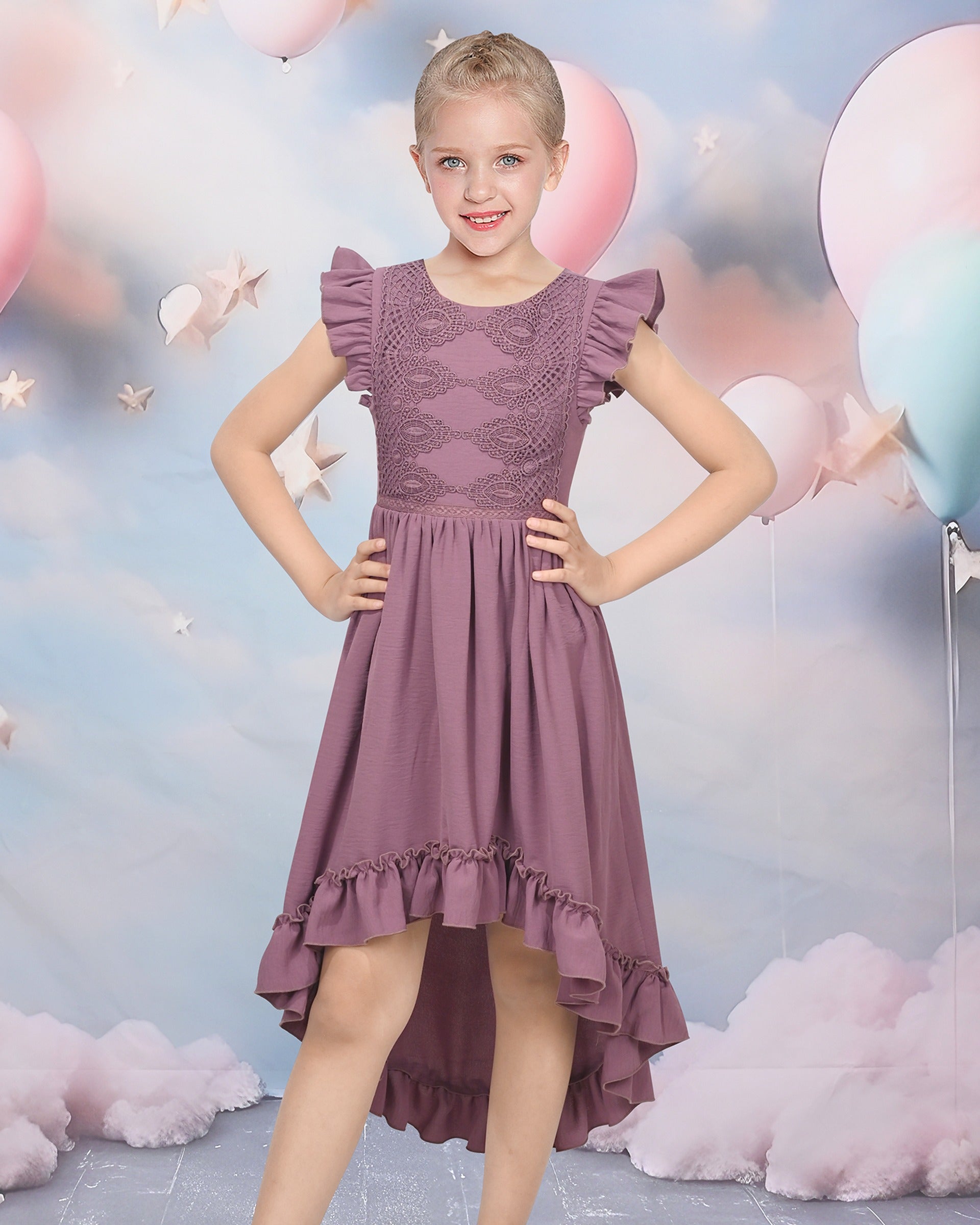 Flower Girls Dress Blue Hi-lo Lace V Back Fancy Wedding Purple