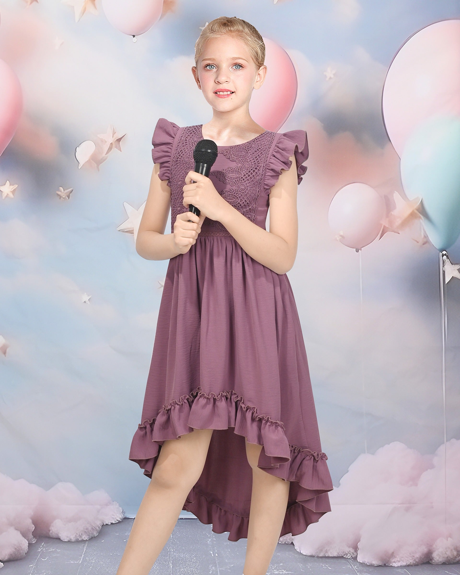 Flower Girls Dress Blue Hi-lo Lace V Back Fancy Wedding Purple