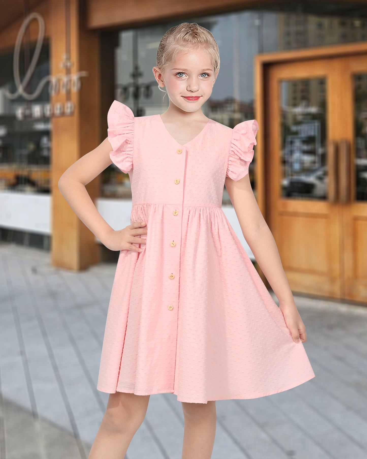 Girls Dress Lemon Button Front Swiss Dot Ruffle Cap Sleeve V Neck Party Classic Casual Pink