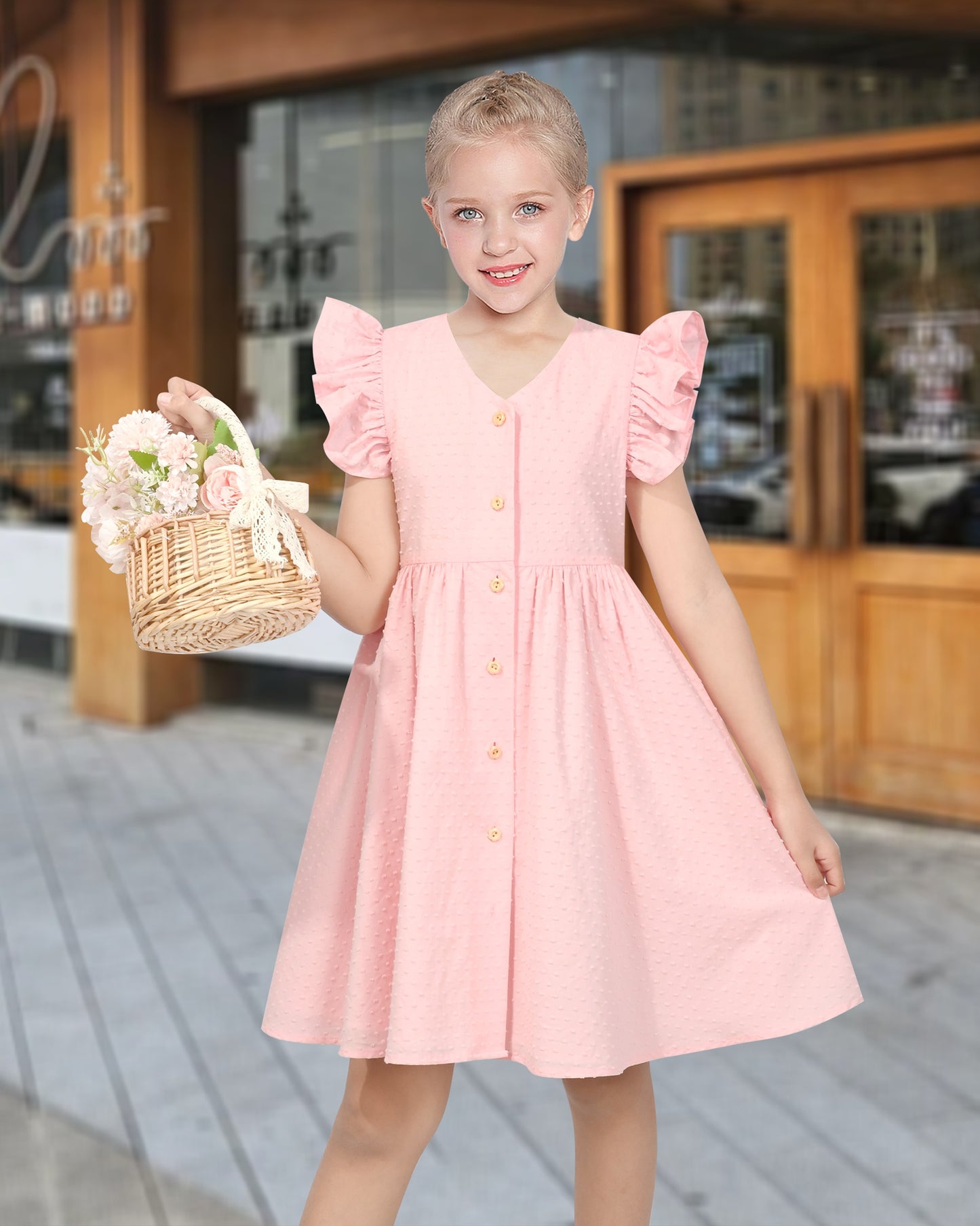Girls Dress Lemon Button Front Swiss Dot Ruffle Cap Sleeve V Neck Party Classic Casual Pink