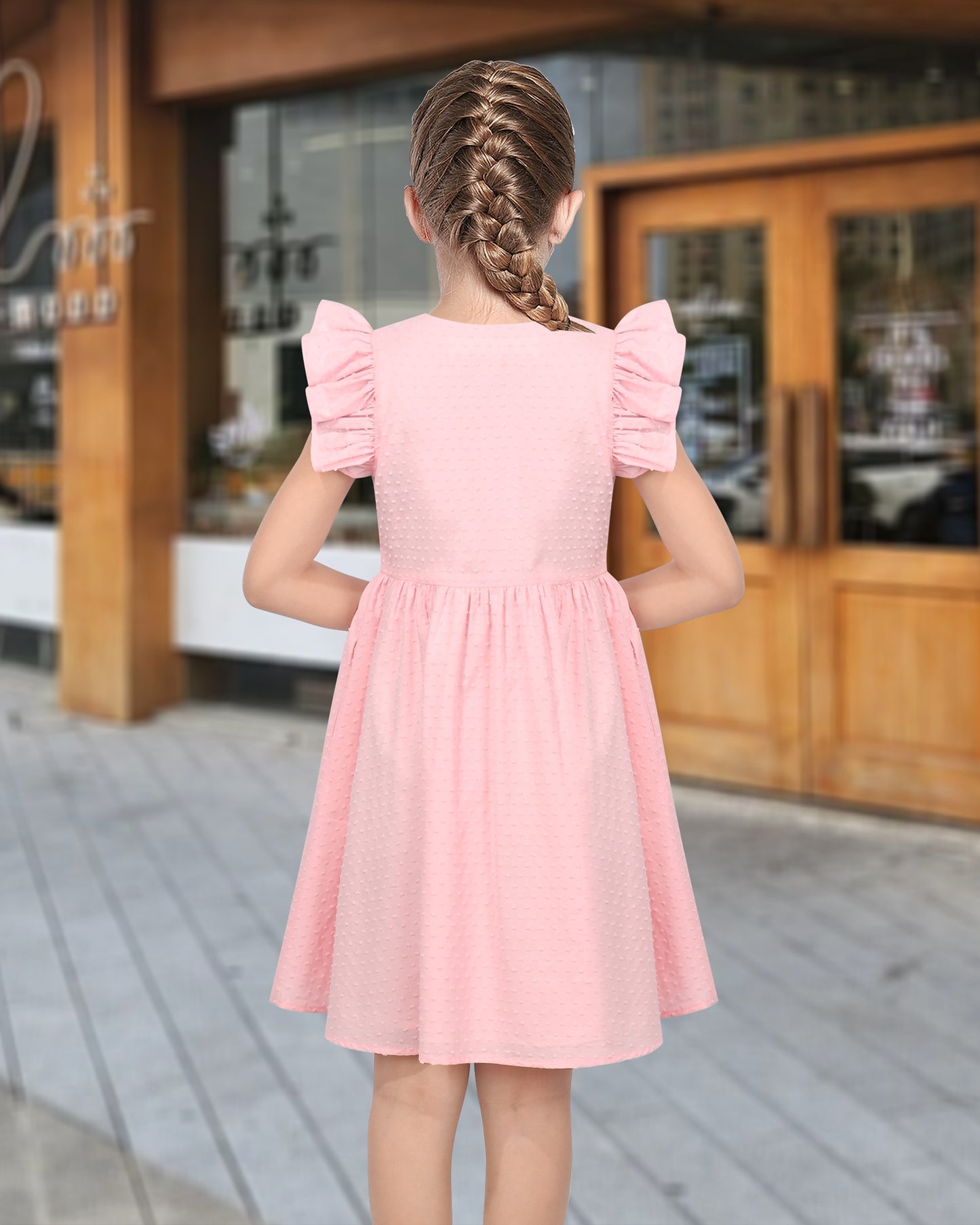 Girls Dress Lemon Button Front Swiss Dot Ruffle Cap Sleeve V Neck Party Classic Casual Pink