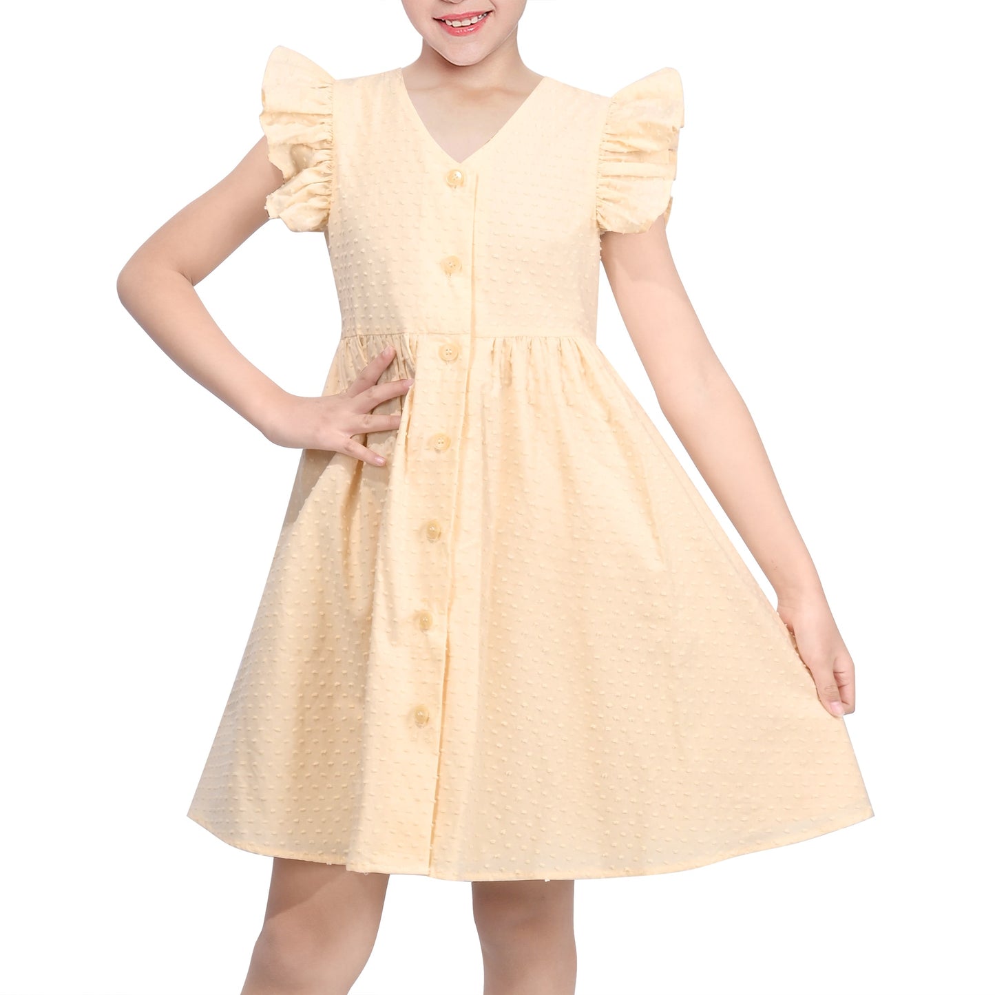 Girls Dress Lemon Button Front Swiss Dot Ruffle Cap Sleeve V Neck Party Classic Casual Beige