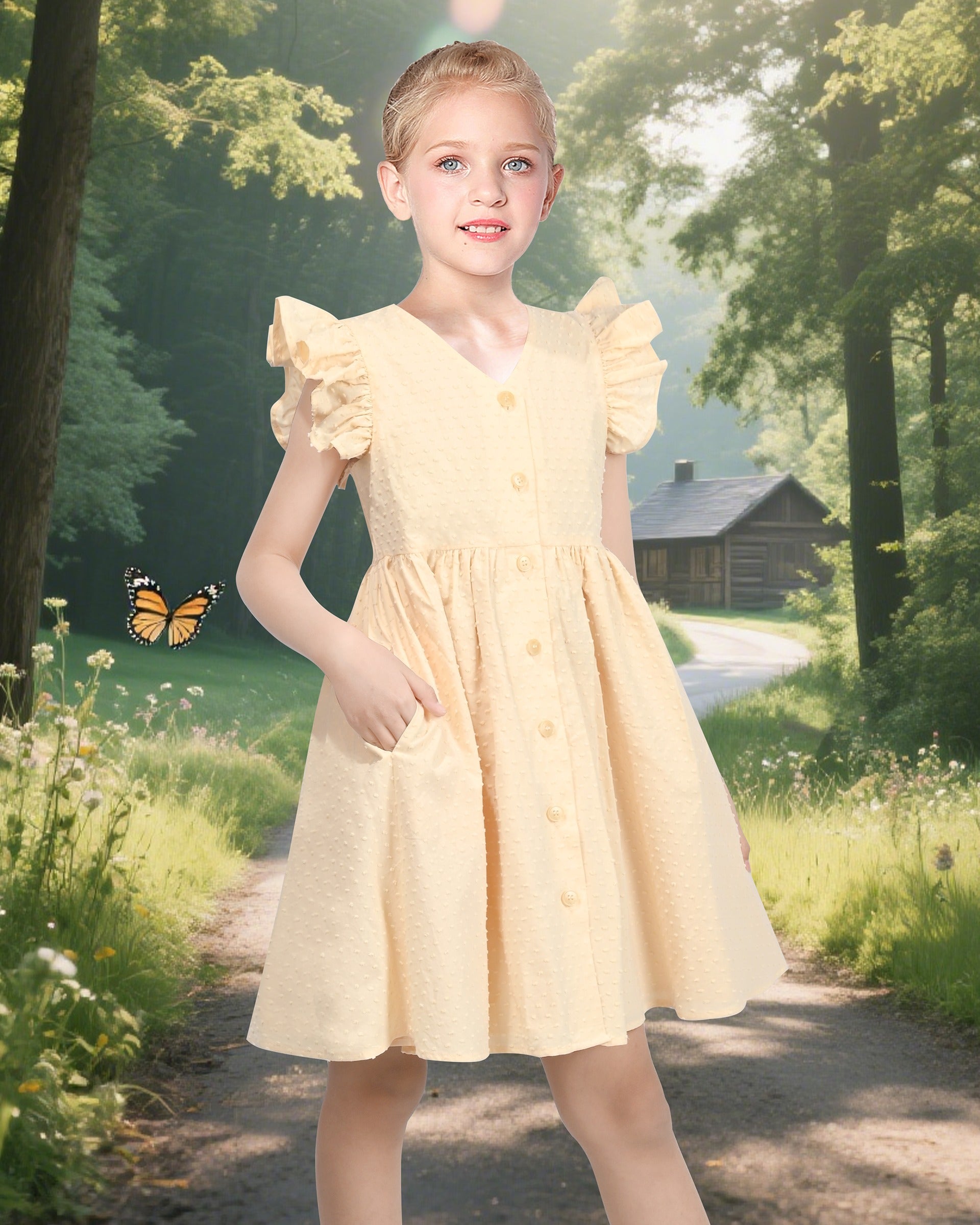 Girls Dress Lemon Button Front Swiss Dot Ruffle Cap Sleeve V Neck Party Classic Casual Beige