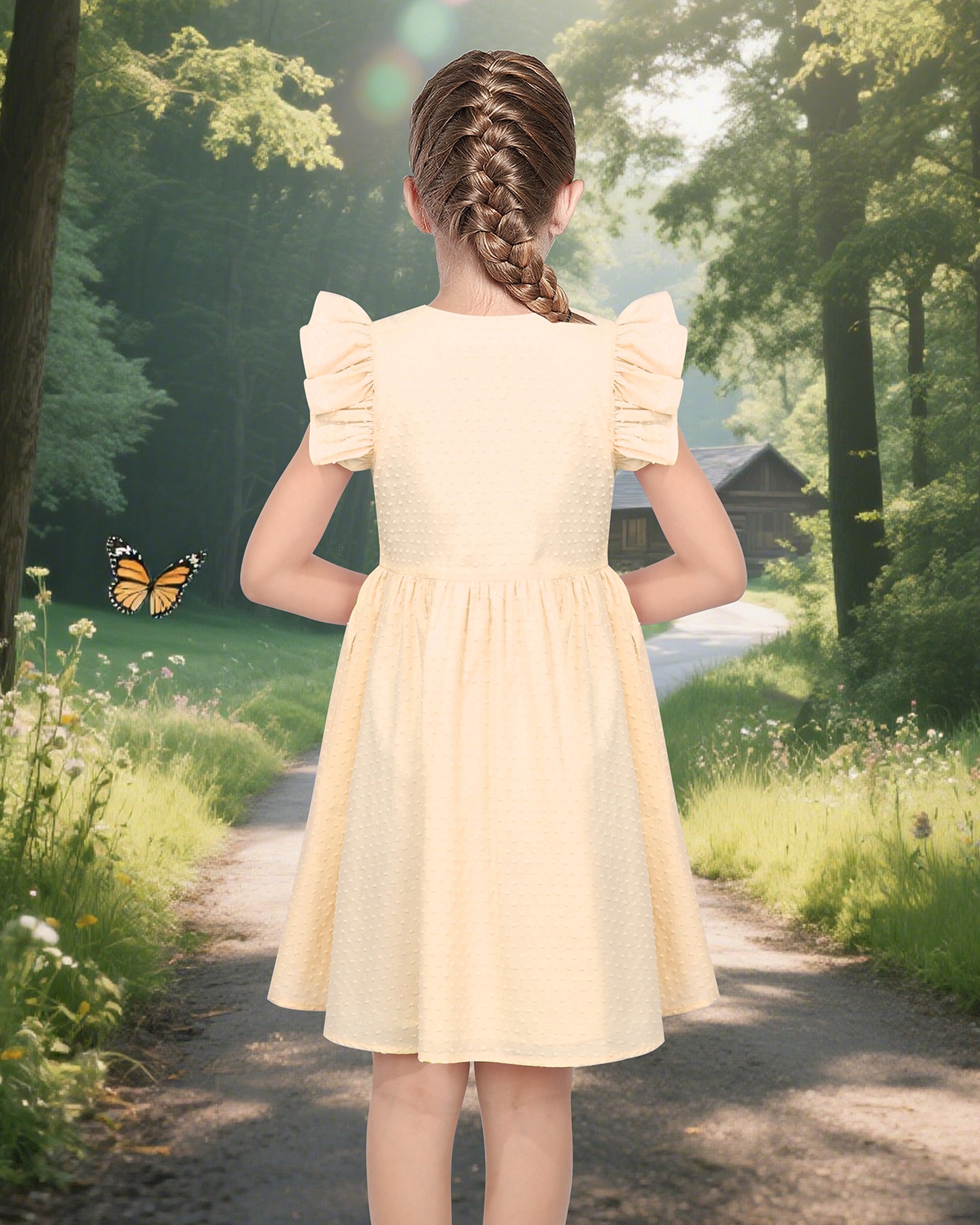 Girls Dress Lemon Button Front Swiss Dot Ruffle Cap Sleeve V Neck Party Classic Casual Beige
