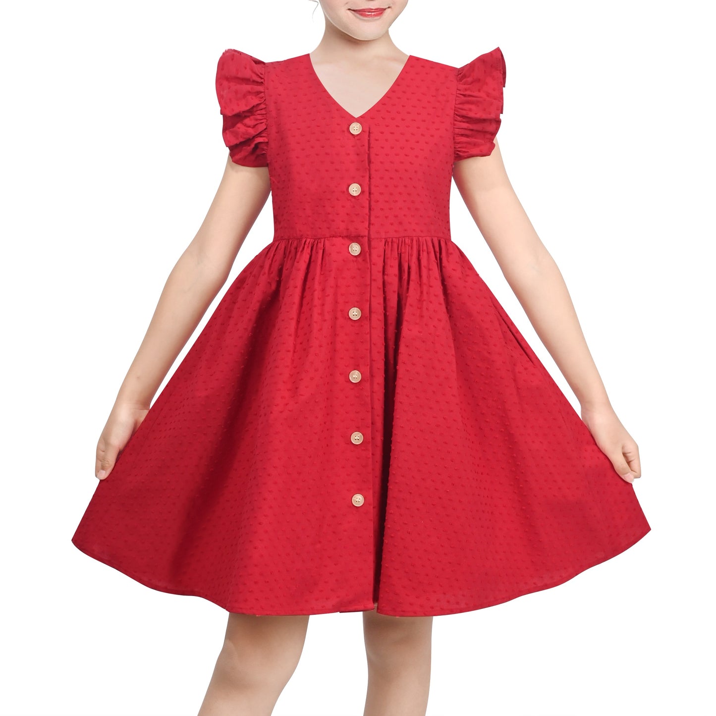 Girls Dress Lemon Button Front Swiss Dot Ruffle Cap Sleeve V Neck Party Classic Casual Red