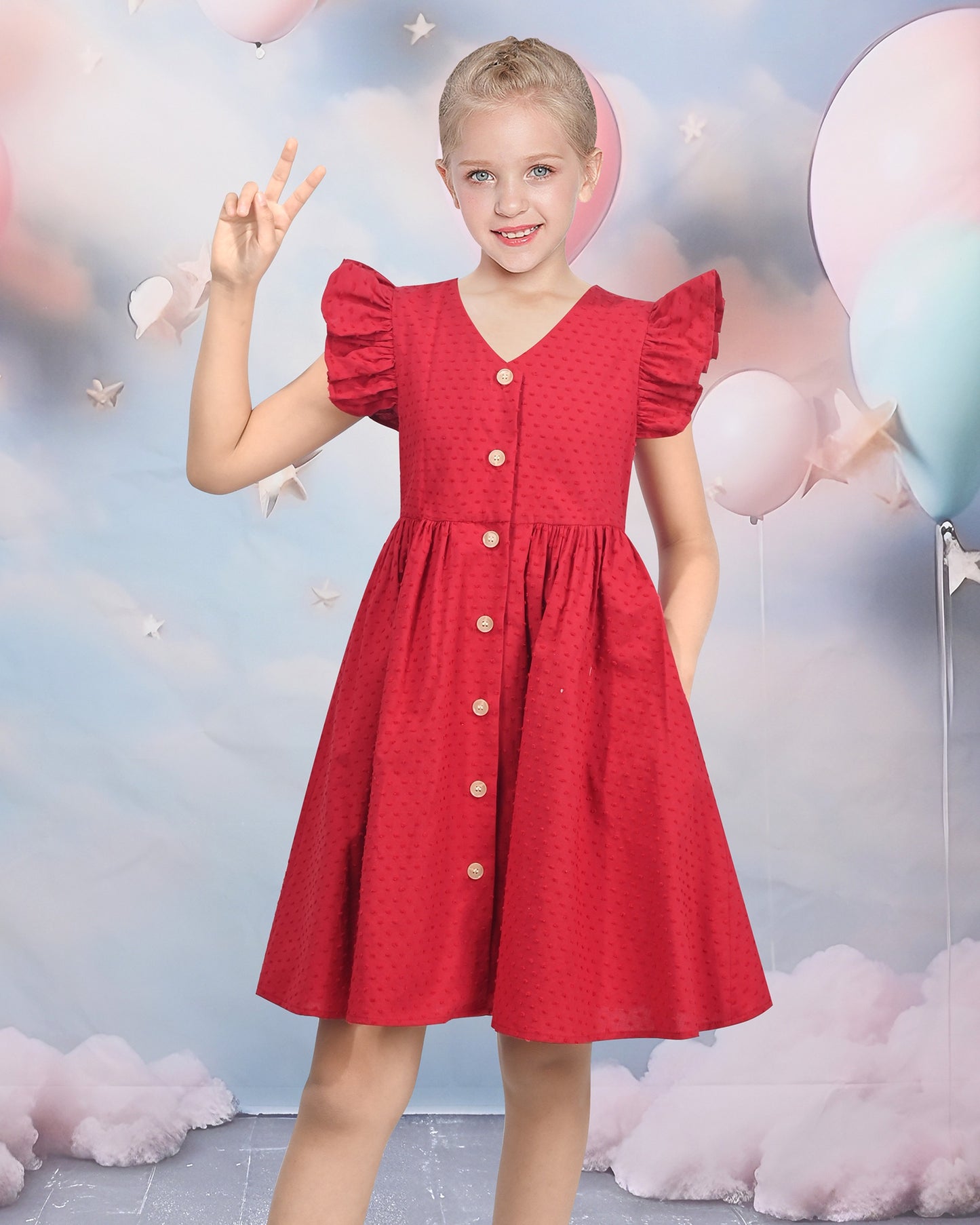 Girls Dress Lemon Button Front Swiss Dot Ruffle Cap Sleeve V Neck Party Classic Casual Red