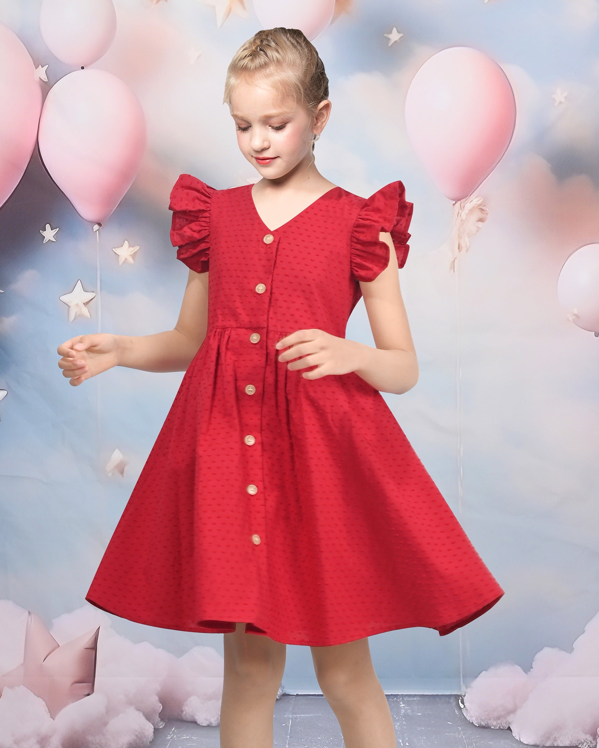 Girls Dress Lemon Button Front Swiss Dot Ruffle Cap Sleeve V Neck Party Classic Casual Red