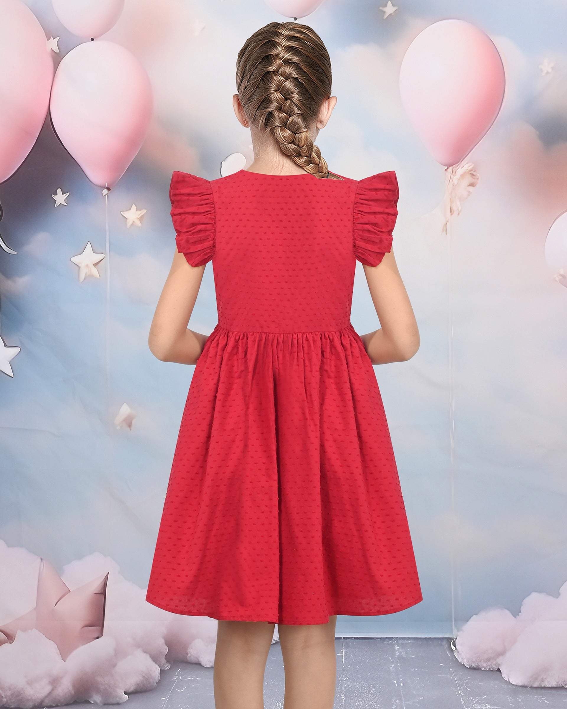 Girls Dress Lemon Button Front Swiss Dot Ruffle Cap Sleeve V Neck Party Classic Casual Red
