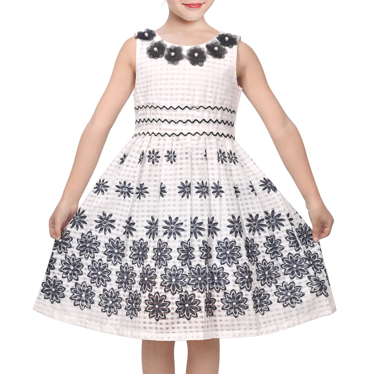 Girls White Sleeveless Dress Black Floral Sleeveless Knee Length 3D Flower Neckline Casual Summer Black