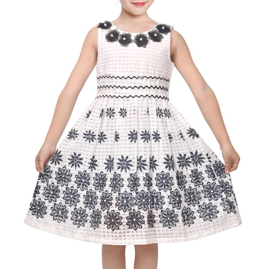 Girls White Sleeveless Dress Black Floral Sleeveless Knee Length 3D Flower Neckline Casual Summer Black