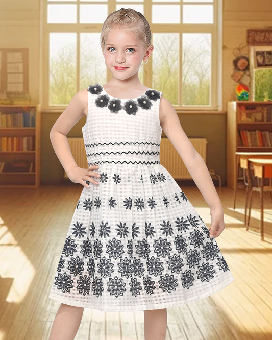 Girls White Sleeveless Dress Black Floral Sleeveless Knee Length 3D Flower Neckline Casual Summer Black