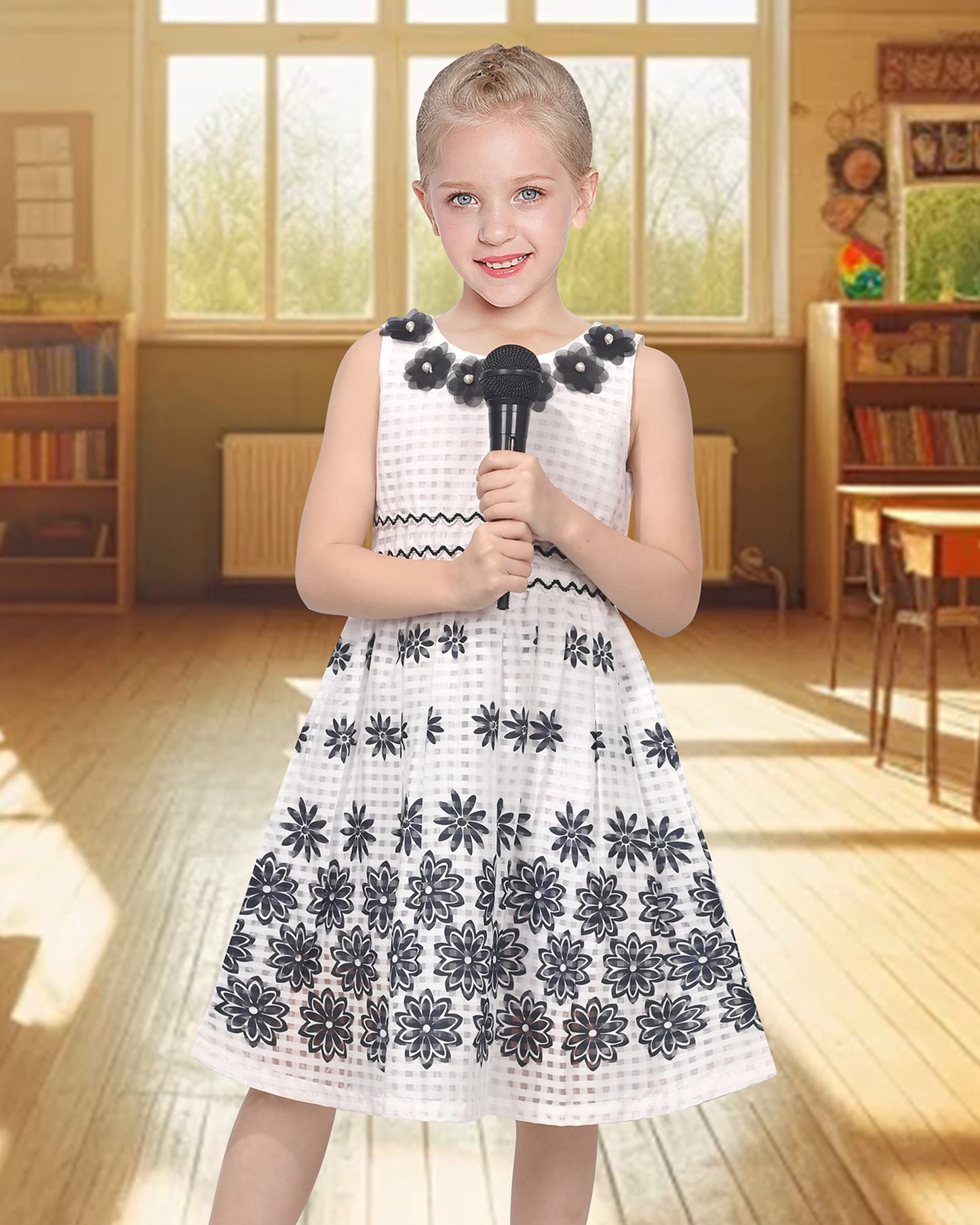 Girls White Sleeveless Dress Black Floral Sleeveless Knee Length 3D Flower Neckline Casual Summer Black