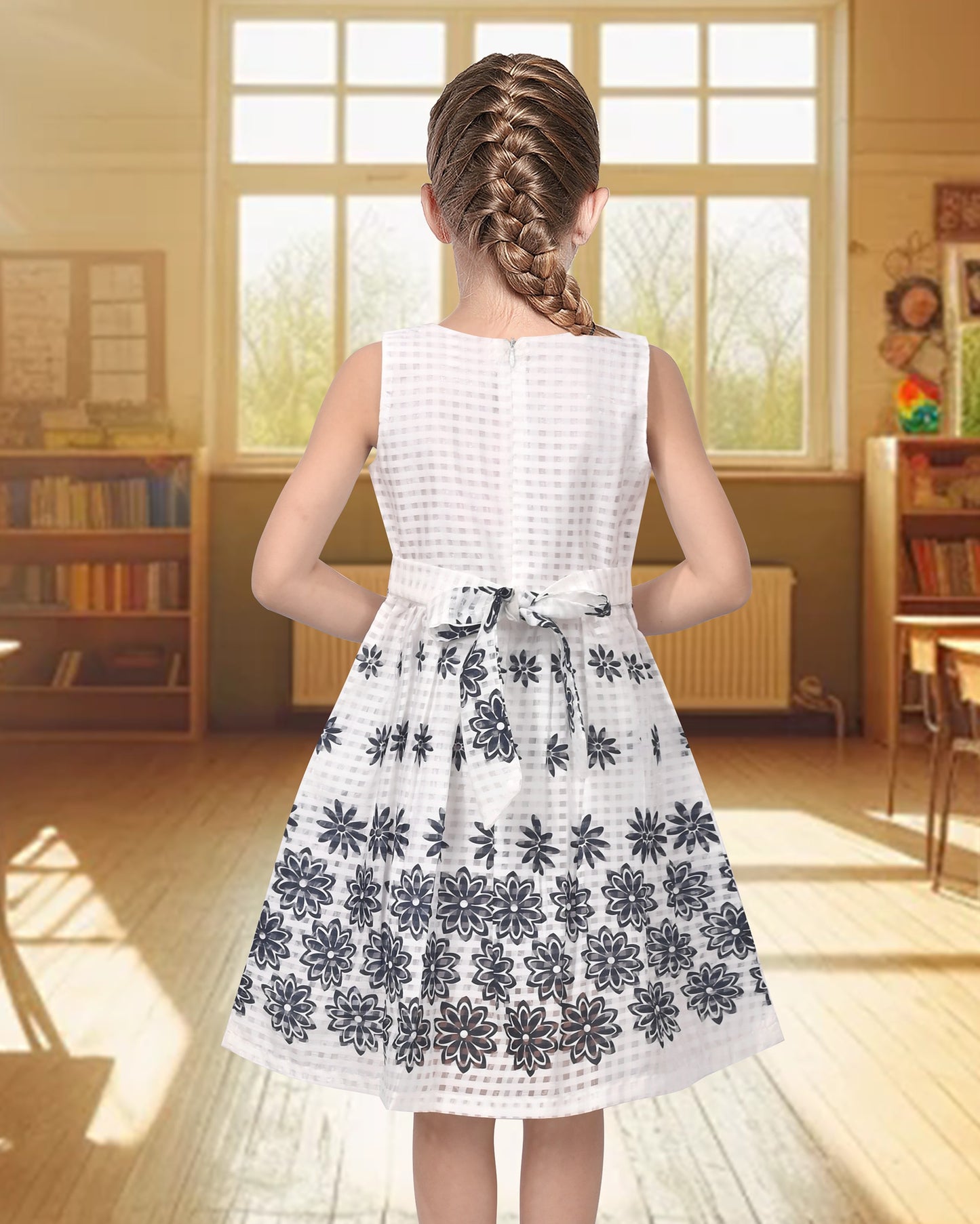 Girls White Sleeveless Dress Black Floral Sleeveless Knee Length 3D Flower Neckline Casual Summer Black
