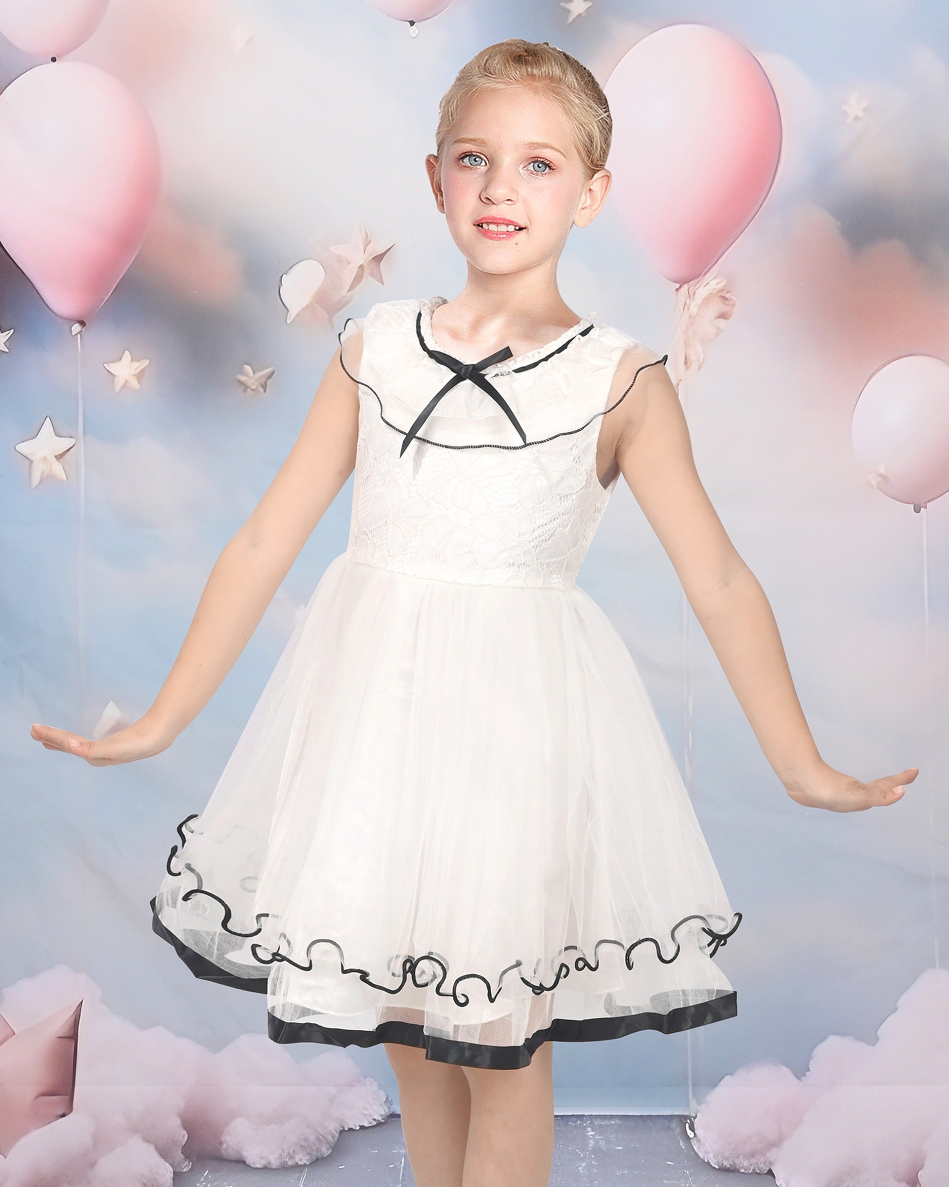 Pink Girls Dress Flutter Sleeves 3D Flower Layered Ruffled Design Party Princess Style for Birthday Wedding White