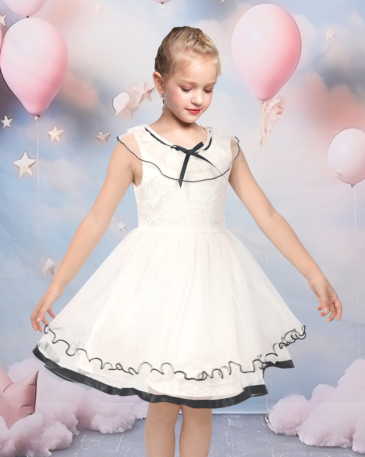 Pink Girls Dress Flutter Sleeves 3D Flower Layered Ruffled Design Party Princess Style for Birthday Wedding White
