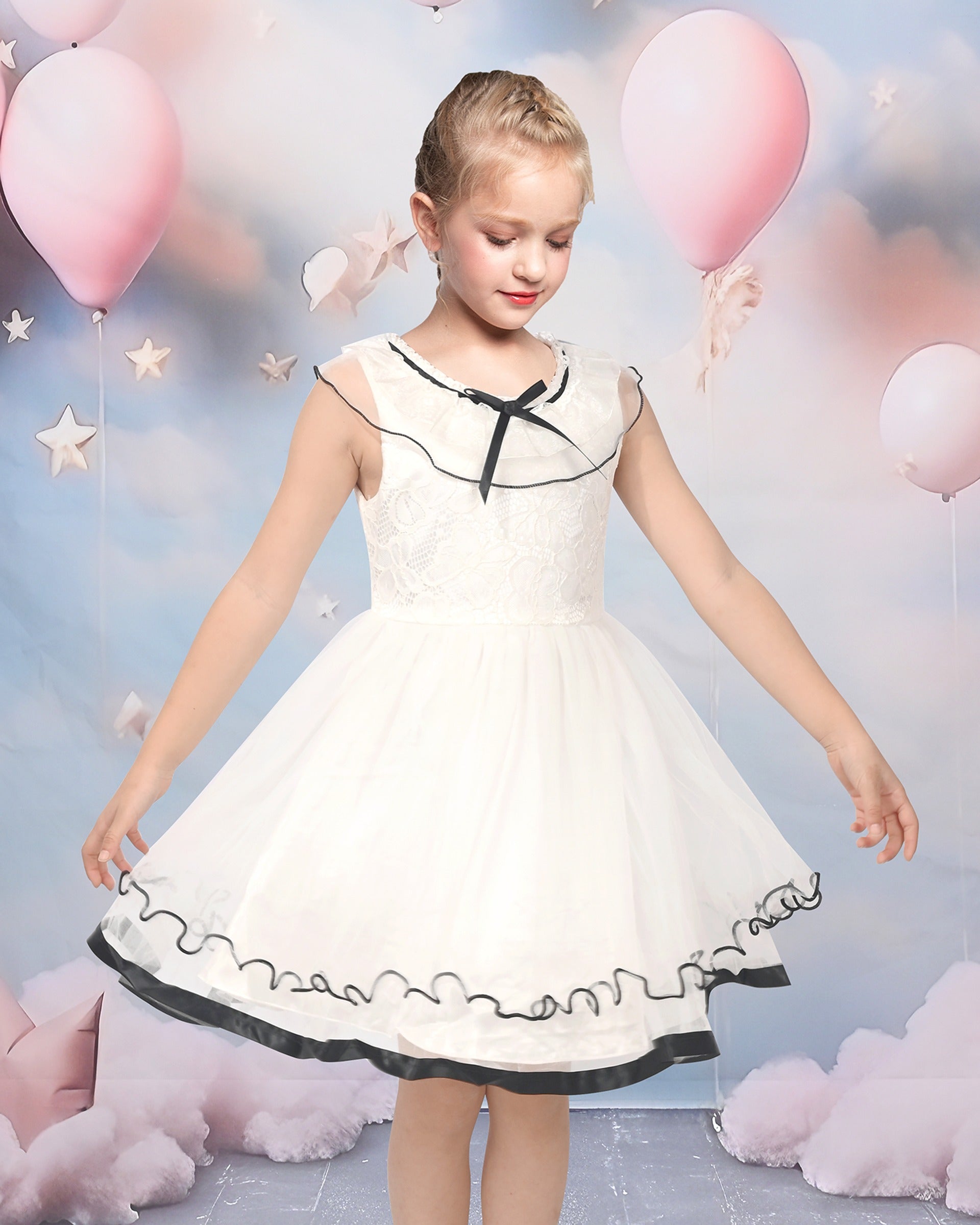 Pink Girls Dress Flutter Sleeves 3D Flower Layered Ruffled Design Party Princess Style for Birthday Wedding White