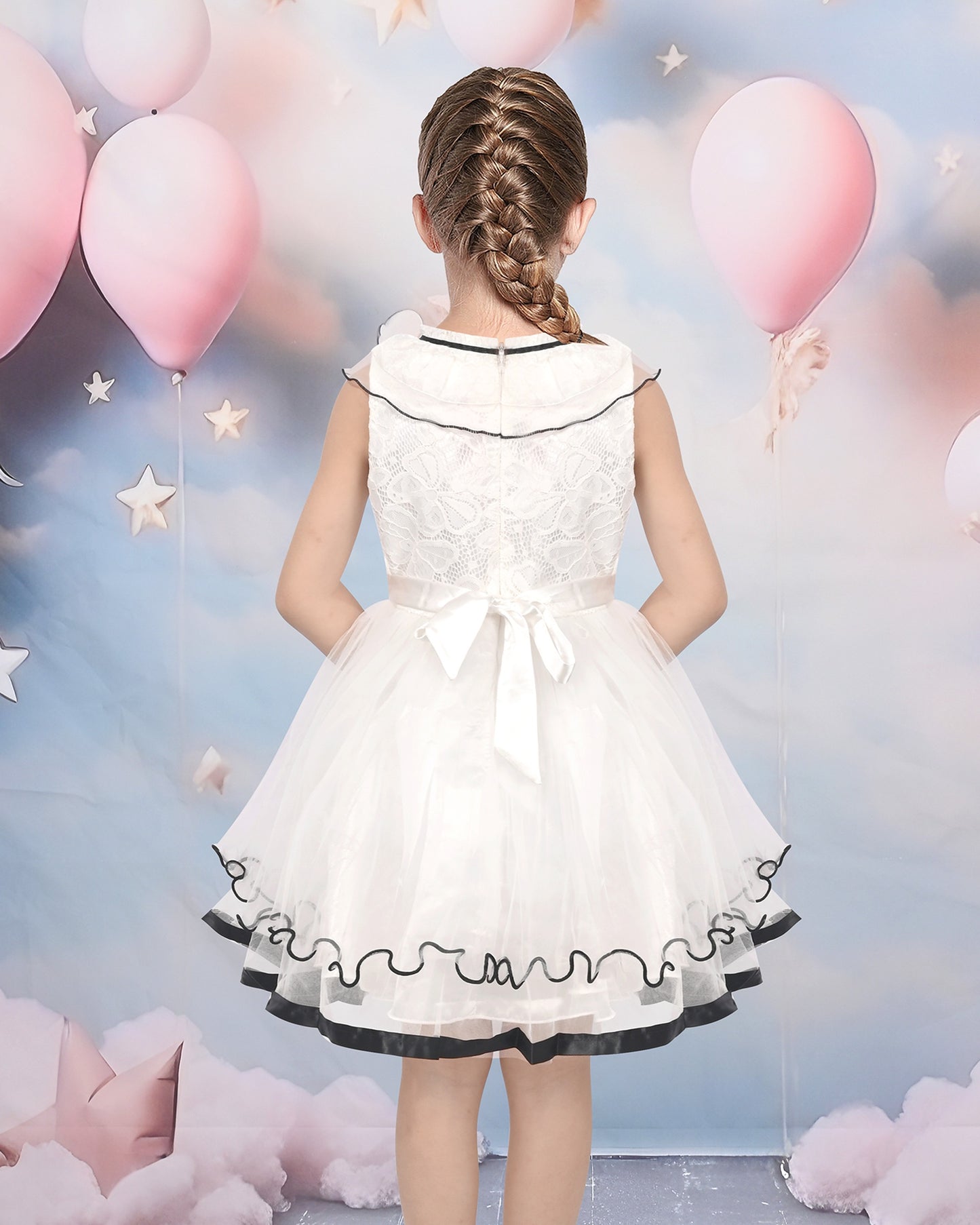 Pink Girls Dress Flutter Sleeves 3D Flower Layered Ruffled Design Party Princess Style for Birthday Wedding White