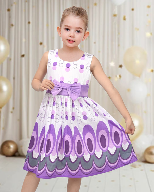 Girls Dress Sleeveless Knee Length with Bow Geometric Circle A line Sundress Daily Summer Casual Purple