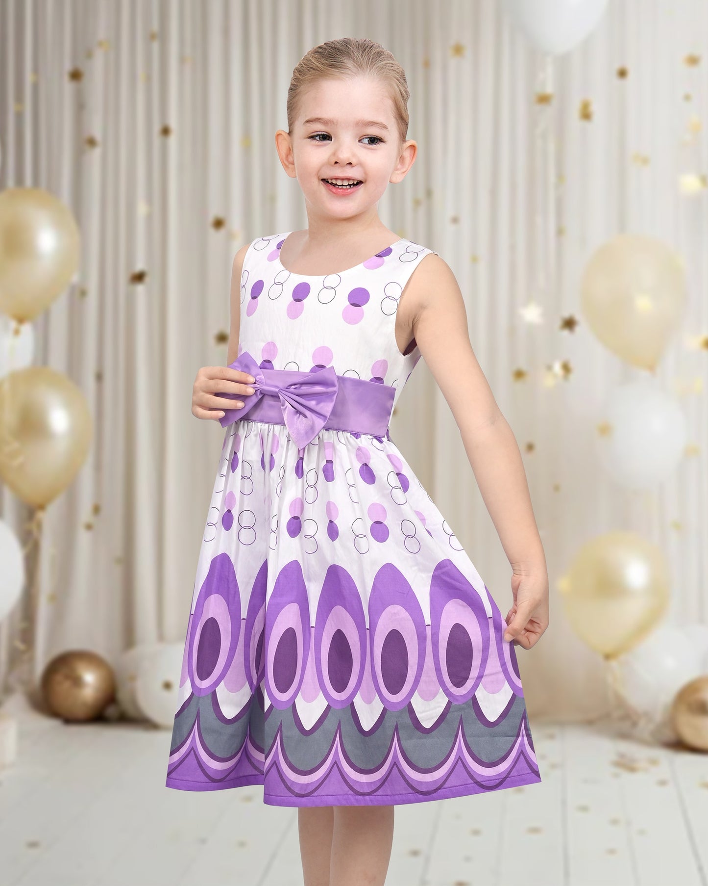 Girls Dress Sleeveless Knee Length with Bow Geometric Circle A line Sundress Daily Summer Casual Purple
