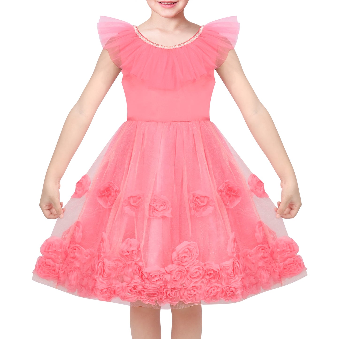 Pink Girls Dress Flutter Sleeves 3D Flower Layered Ruffled Design Party Princess Style for Birthday Wedding Red