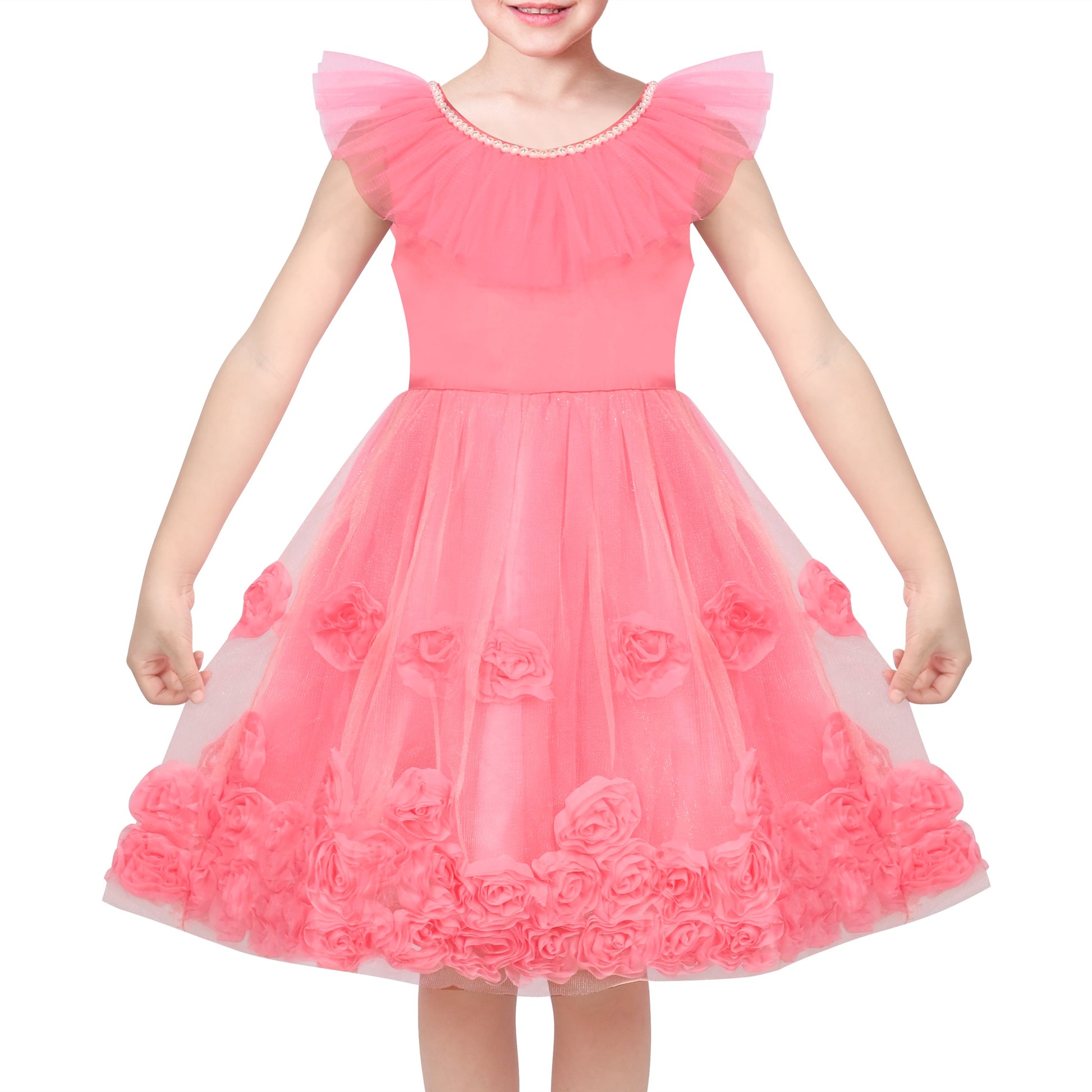 Pink Girls Dress Flutter Sleeves 3D Flower Layered Ruffled Design Party Princess Style for Birthday Wedding Red
