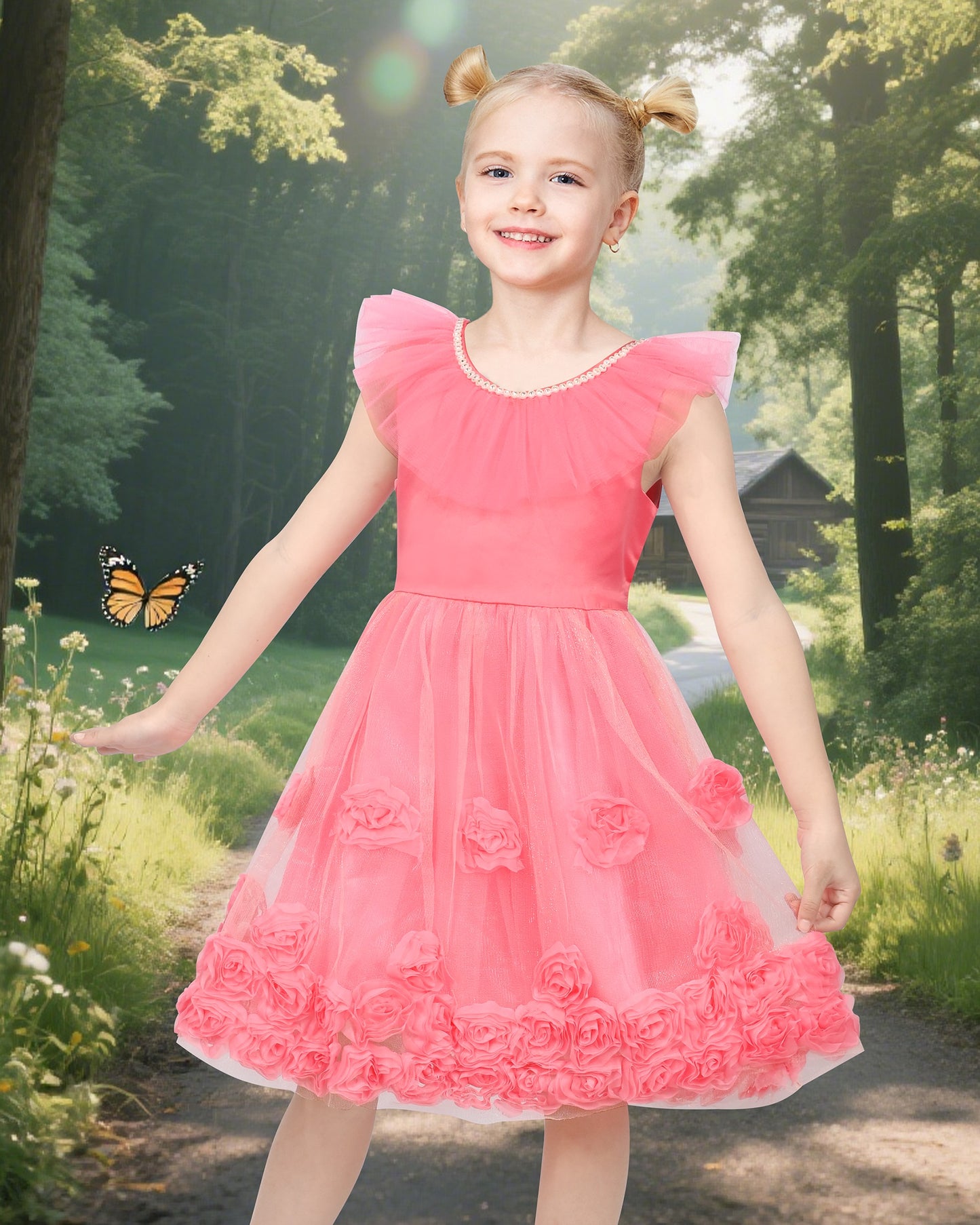Pink Girls Dress Flutter Sleeves 3D Flower Layered Ruffled Design Party Princess Style for Birthday Wedding Red