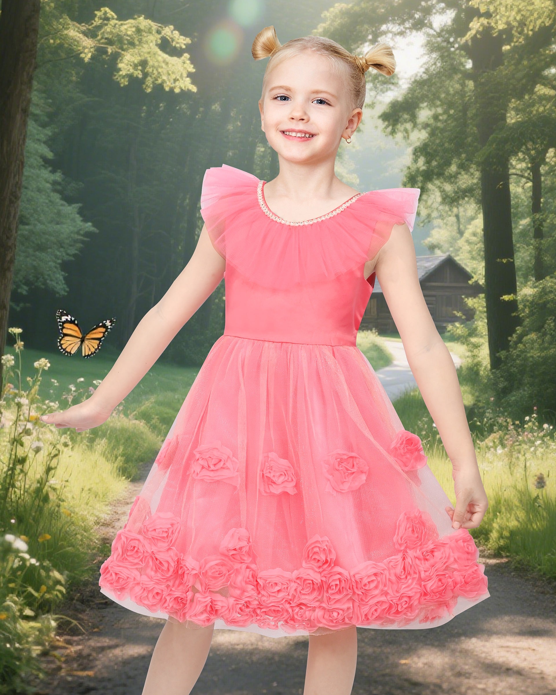 Pink Girls Dress Flutter Sleeves 3D Flower Layered Ruffled Design Party Princess Style for Birthday Wedding Red