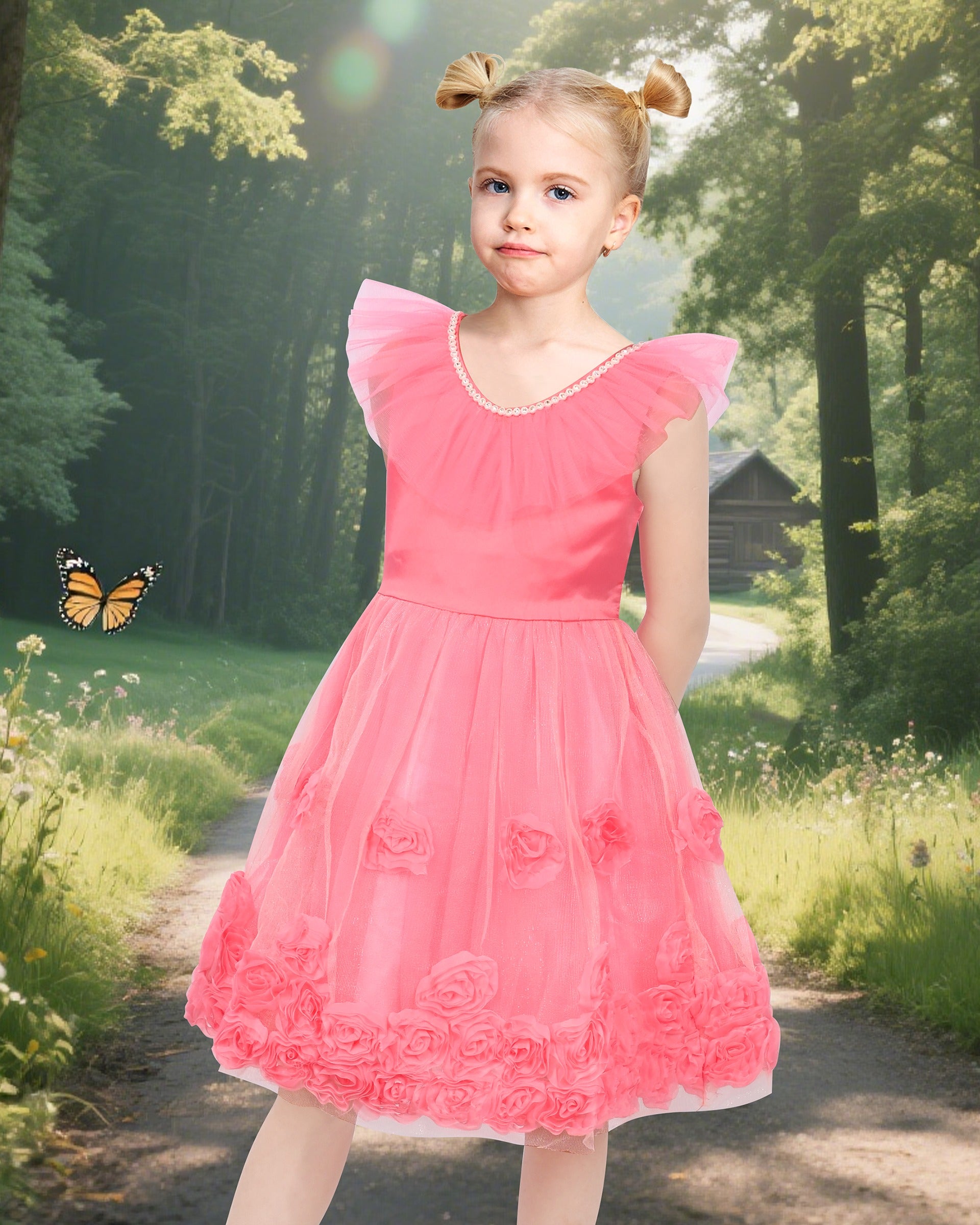 Pink Girls Dress Flutter Sleeves 3D Flower Layered Ruffled Design Party Princess Style for Birthday Wedding Red